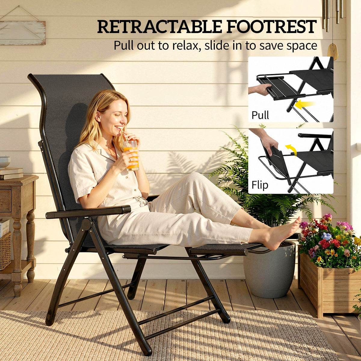 Set of 2 Folding Patio Chairs with Footrest and 5-Position Recline, Black — product view 7