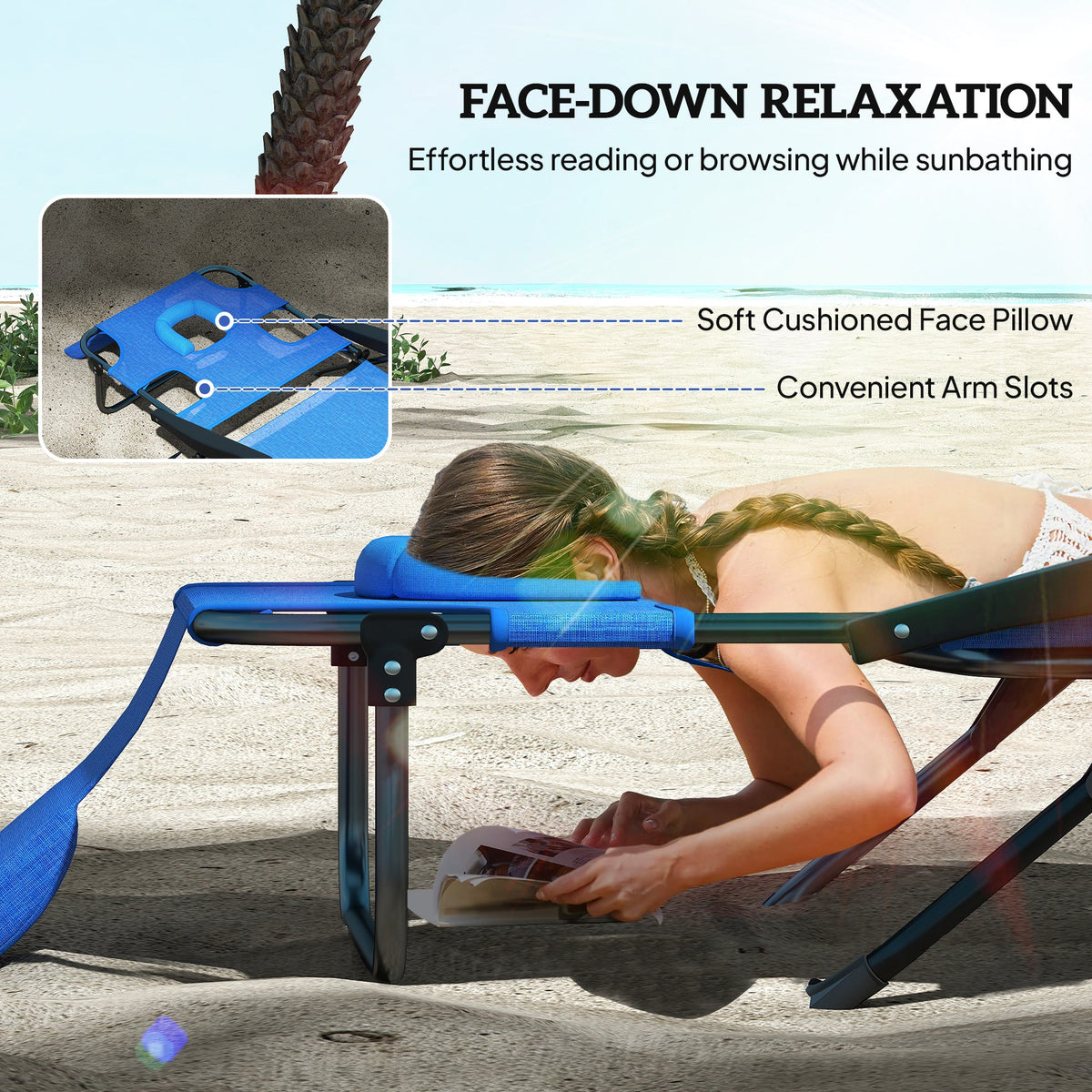 Folding Lounge Chair with Reading Hole and Headrest, Dark Blue — product view 6
