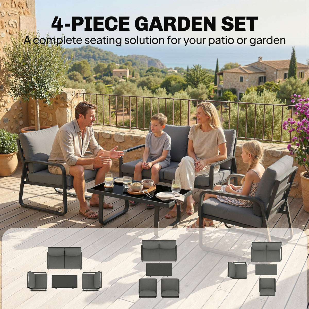 4-Piece Outdoor Sofa Set with Loveseat & 2 Chairs, Coffee Table, Black — product view 6