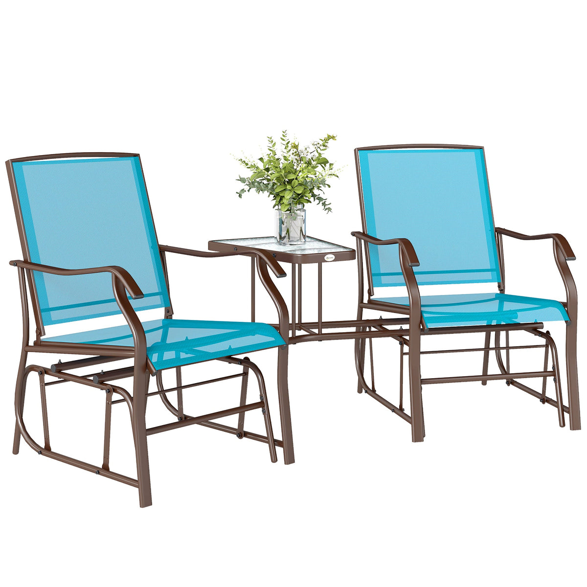 Double Patio Glider Chair with Glass Top Center Table, All Weather Breathable Mesh Fabric, Blue — product view 2