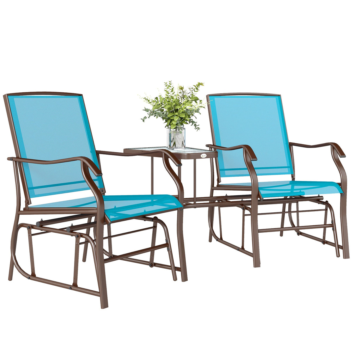 Double Patio Glider Chair with Glass Top Center Table, All Weather Breathable Mesh Fabric, Blue — product view 1