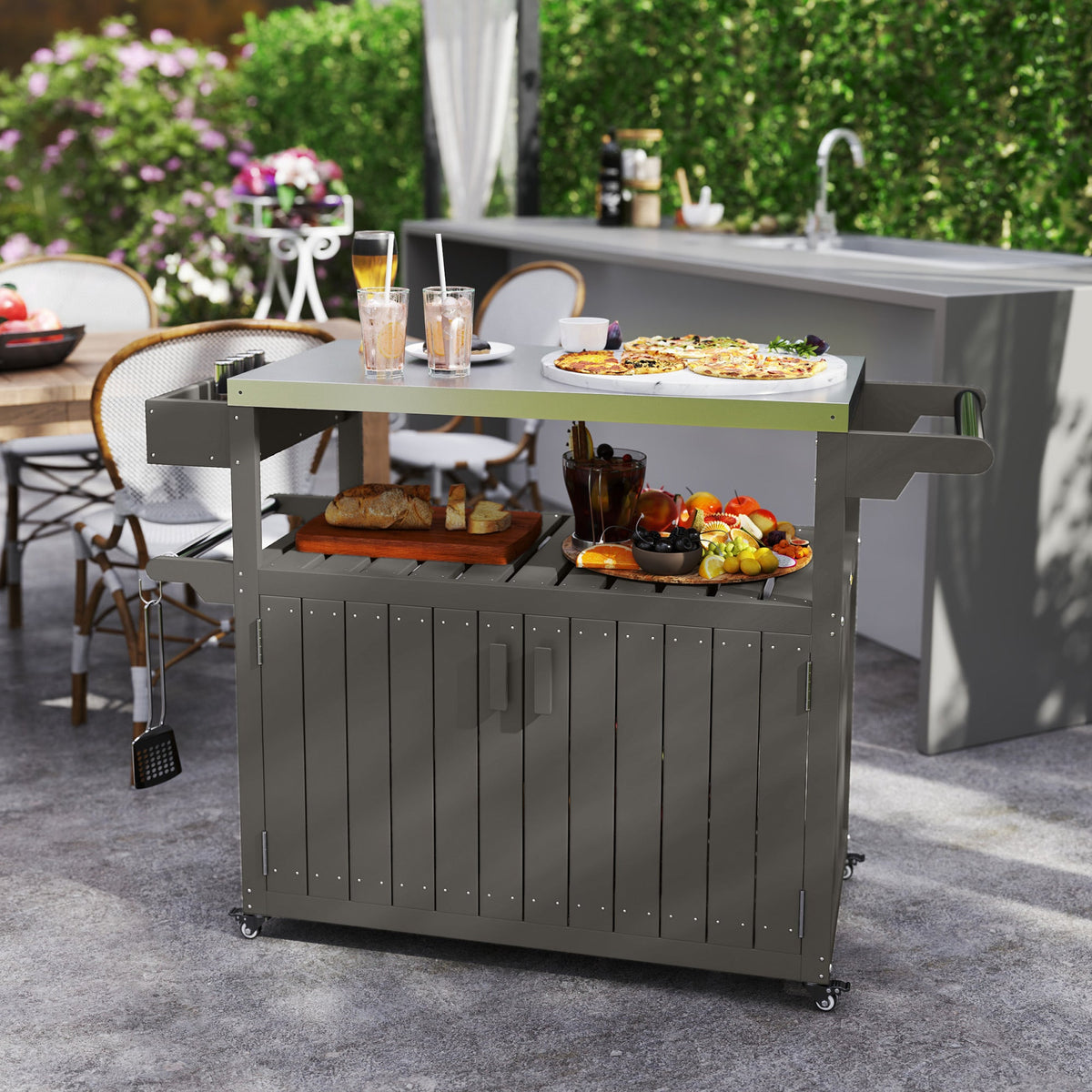 Outdoor Bar Cart with Storage Cabinet, Dark Gray — product view 3