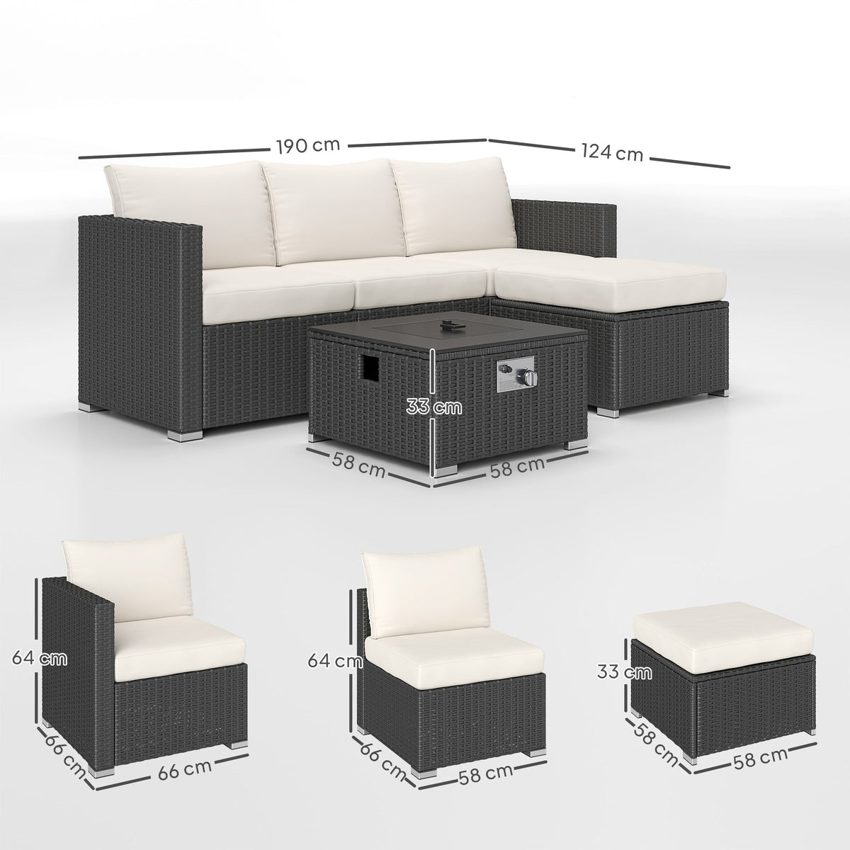 5 Piece Rattan Garden Furniture Set with Gas Fire Pit Table & Footstool, Black/Cream — product view 5