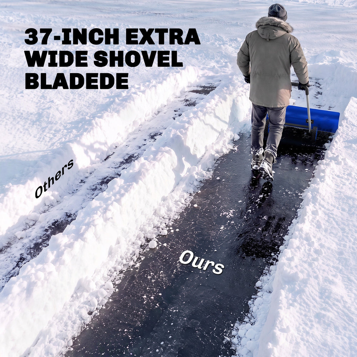 37-Inch Extra Wide Aluminum Snow Pusher with Wheels and Adjustable Handle, Blue — product view 7