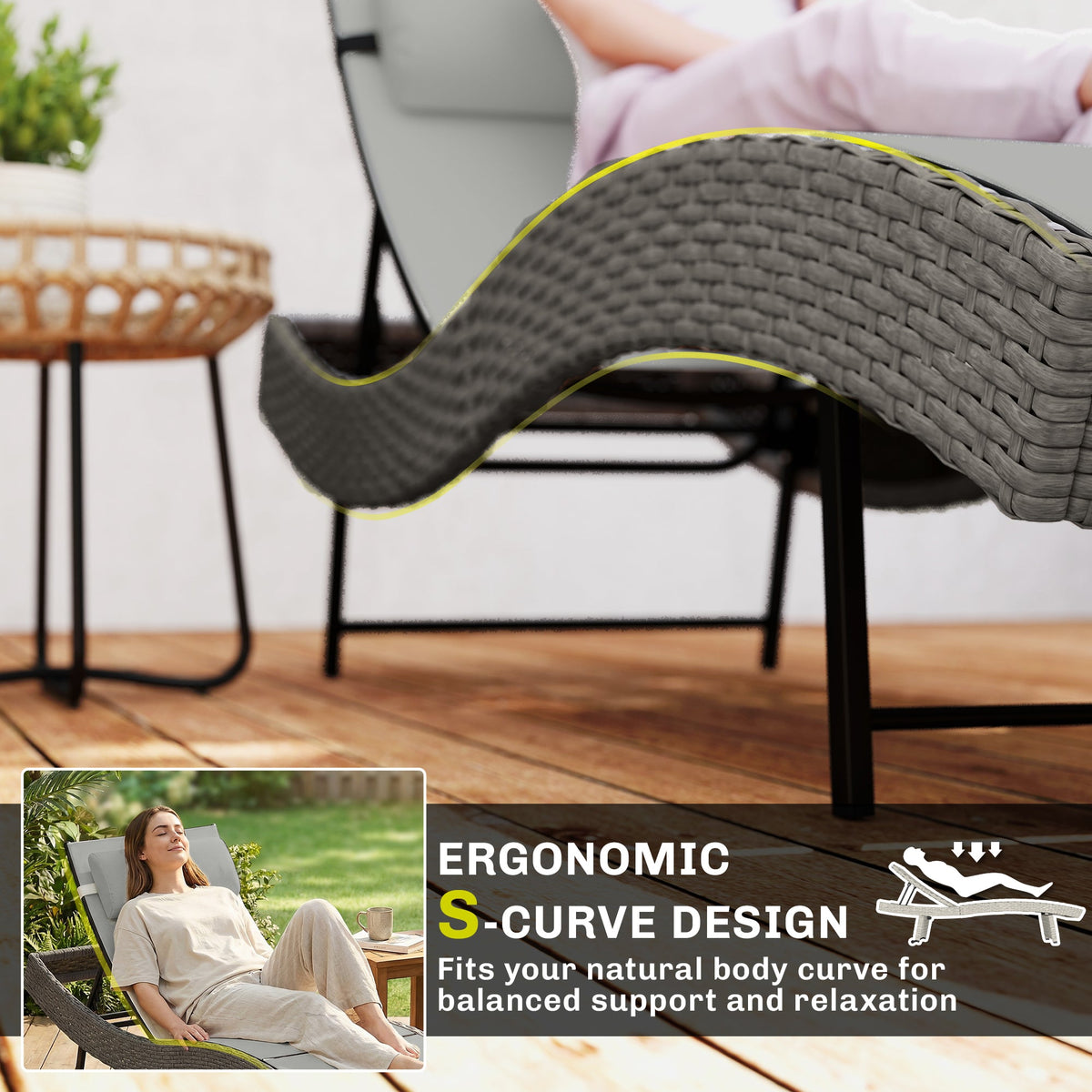 Rattan Sun Lounger with S-Shaped Seat and 5-Position Backrest, Light Grey — product view 6