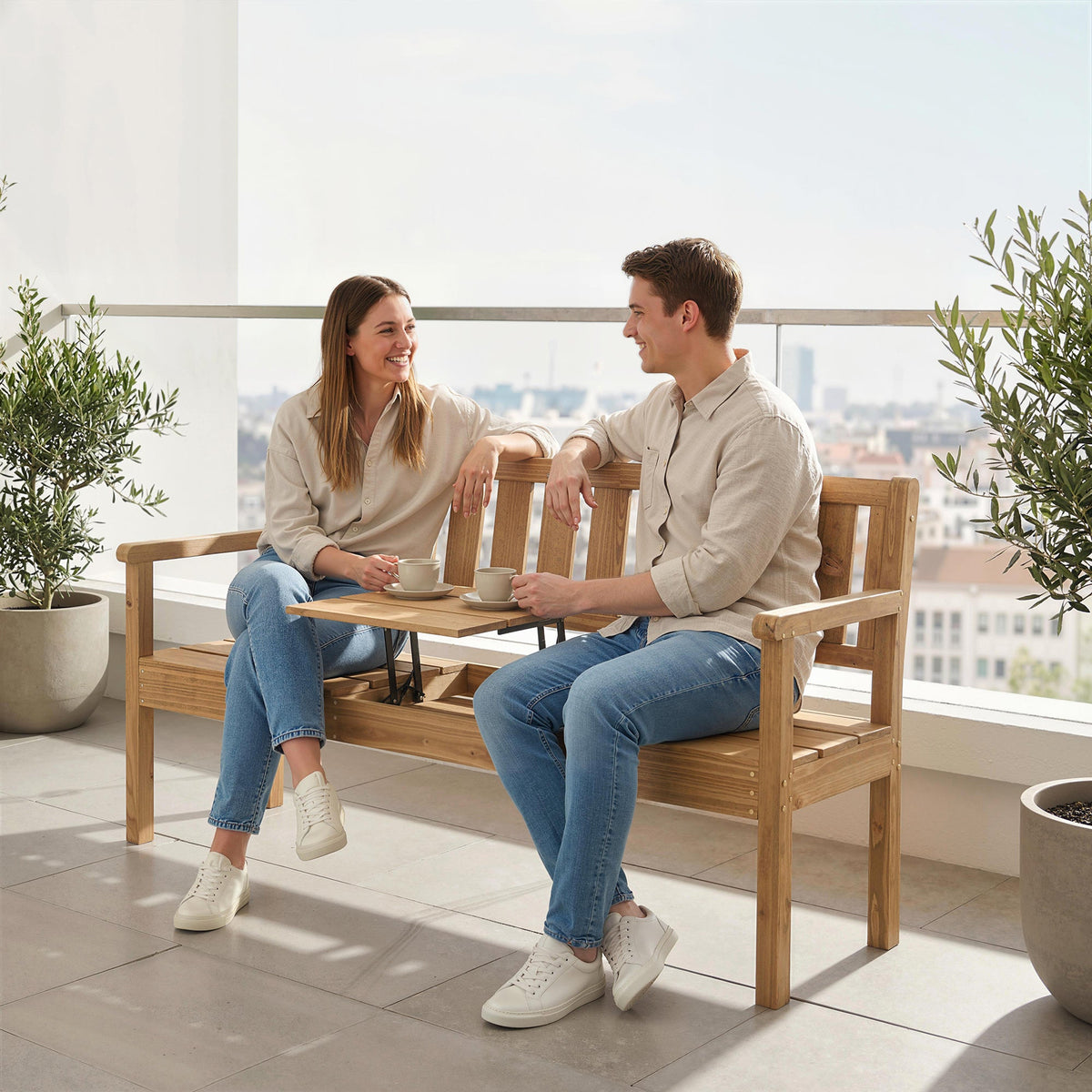 2-3 Seater Wooden Garden Loveseat with Liftable Table, Teak — product view 4