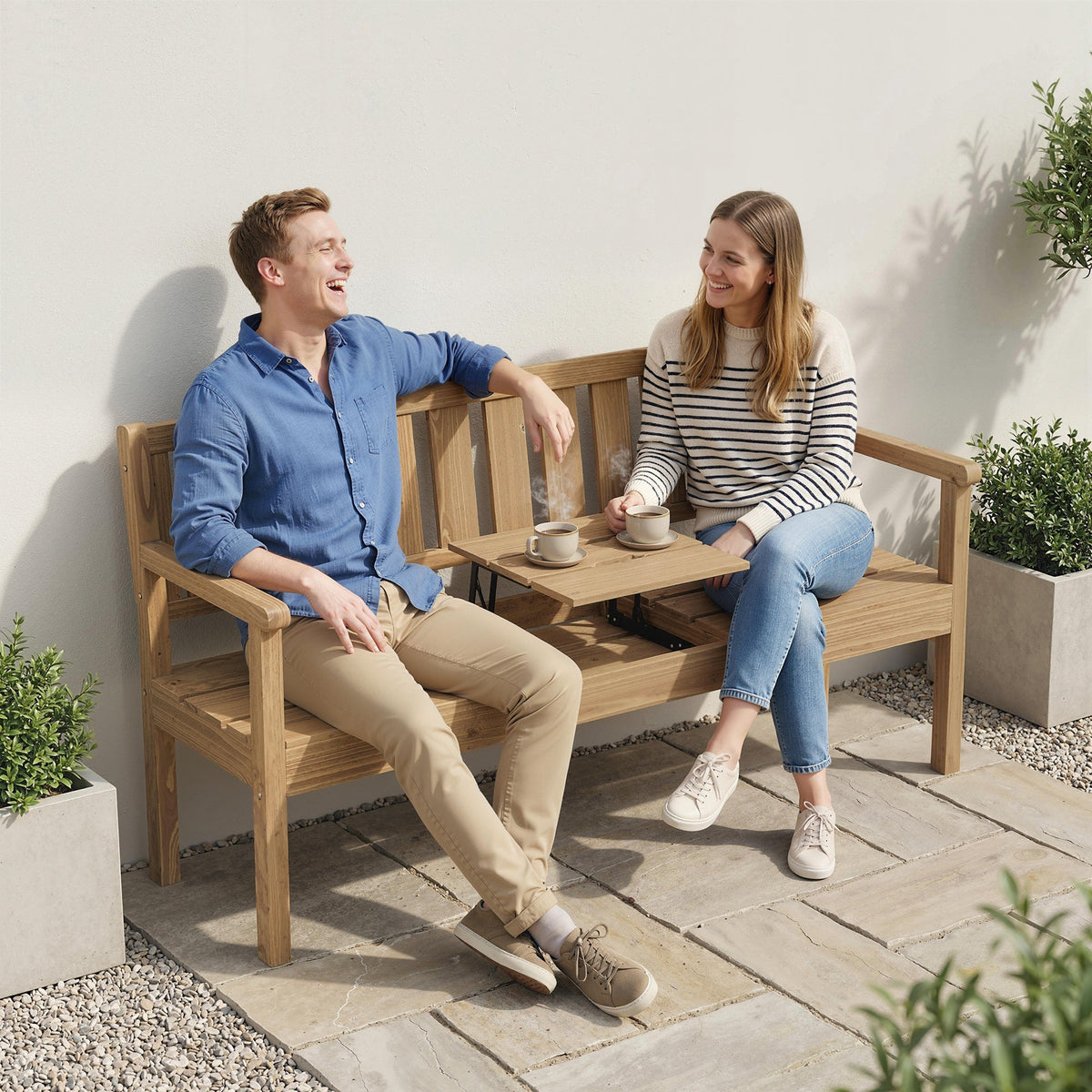 2-3 Seater Wooden Garden Loveseat with Liftable Table, Teak — product view 3