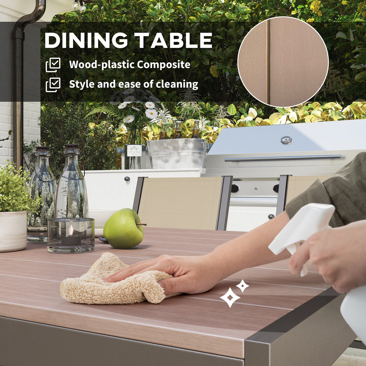 7 Piece Garden Dining Set for 6 with WPC Table & Stackable Chairs, Khaki — product view 7