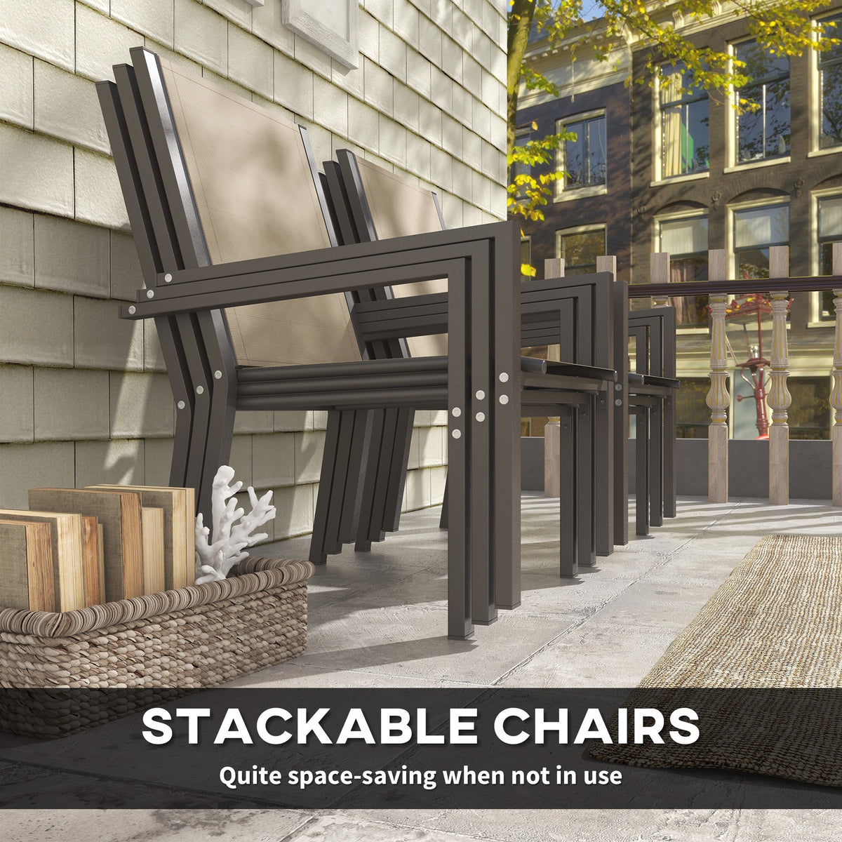 7 Piece Garden Dining Set for 6 with WPC Table & Stackable Chairs, Khaki — product view 6