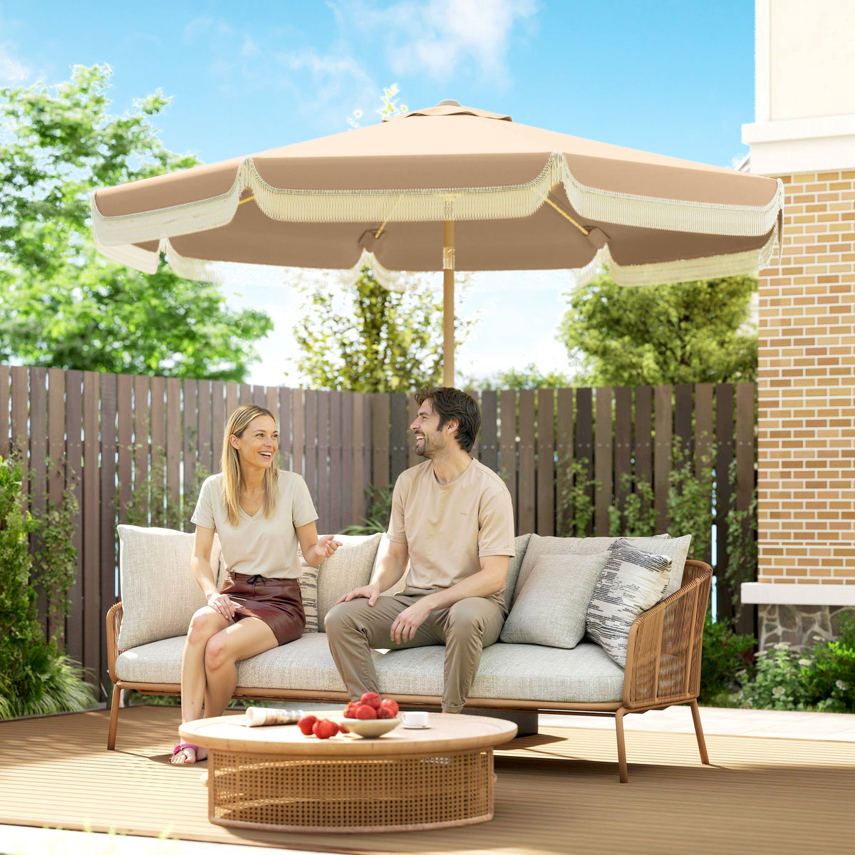 9ft Fringed Patio Umbrella with Push Button Tilt and Crank, Khaki — product view 3