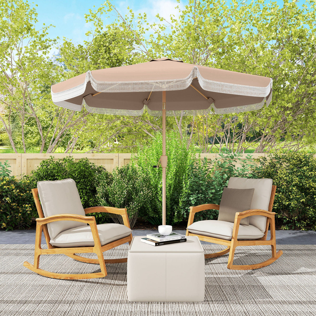 9ft Fringed Patio Umbrella with Push Button Tilt and Crank, Khaki — product view 4