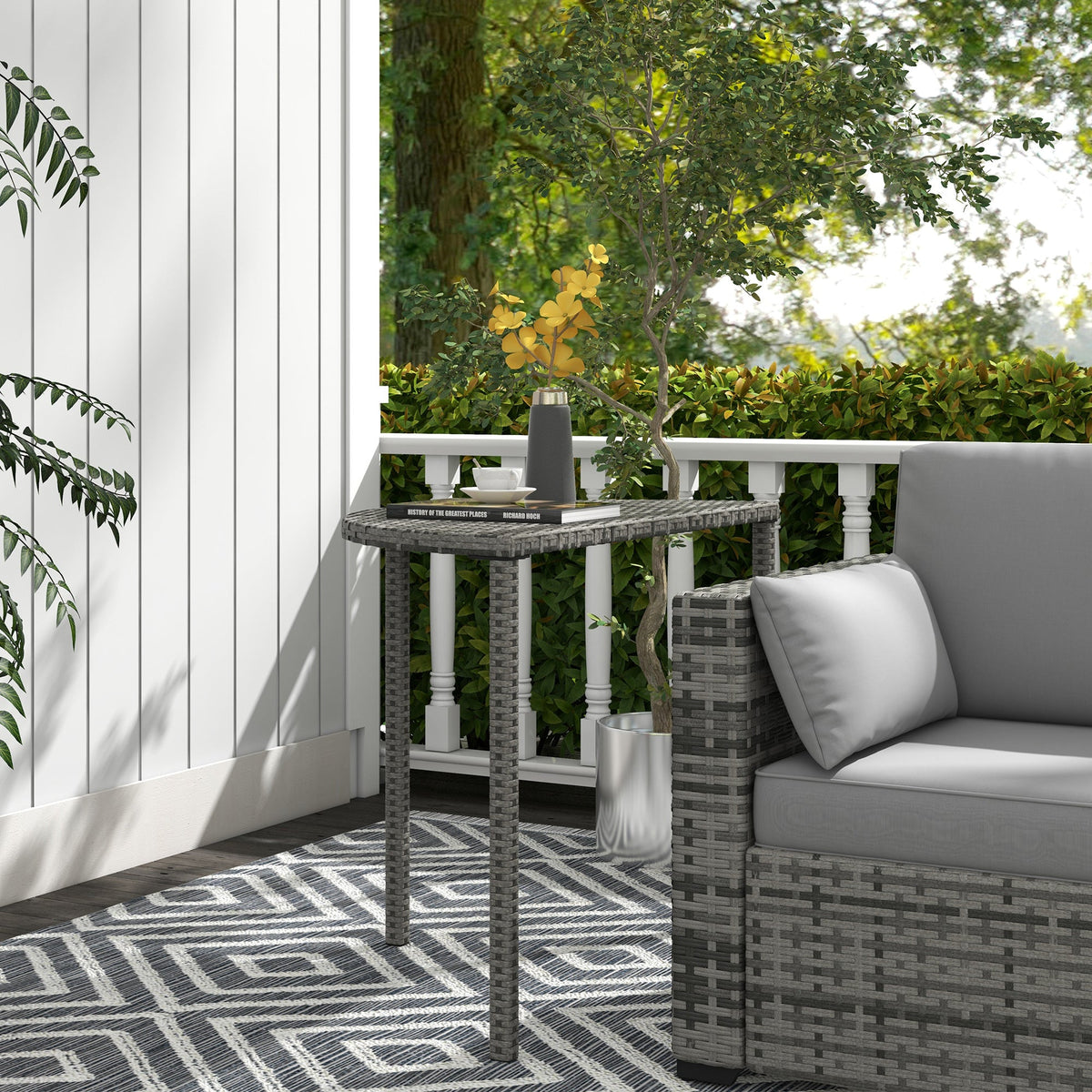 39.4" Half Round PE Rattan Side Table with Metal Frame, Grey — product view 4