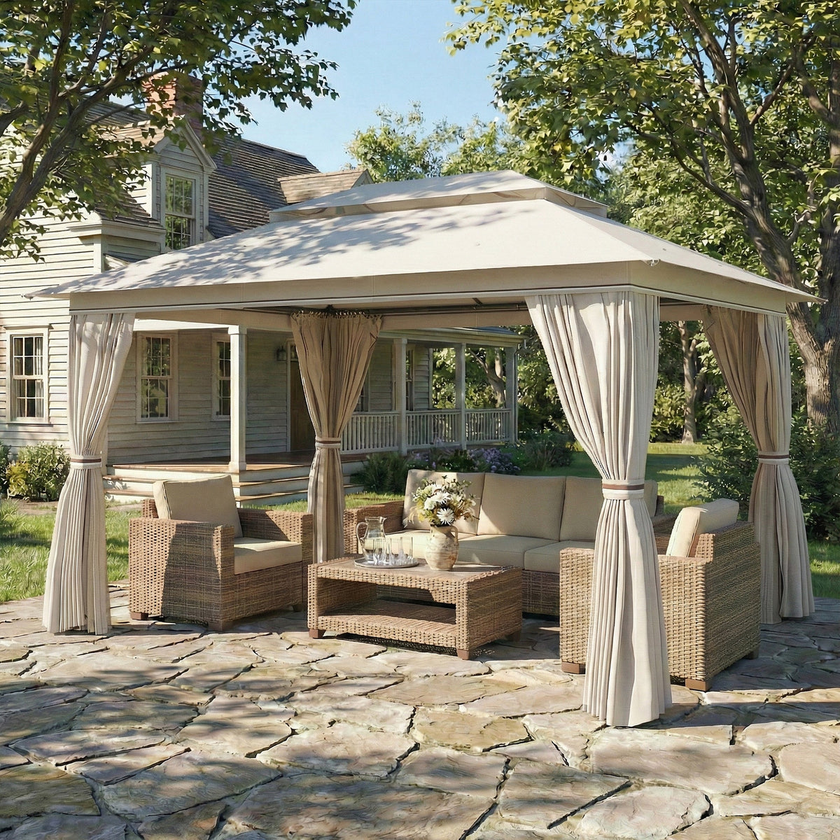 3 x 4 m Garden Gazebo with Double Roof, Netting & Curtains, Beige — product view 4