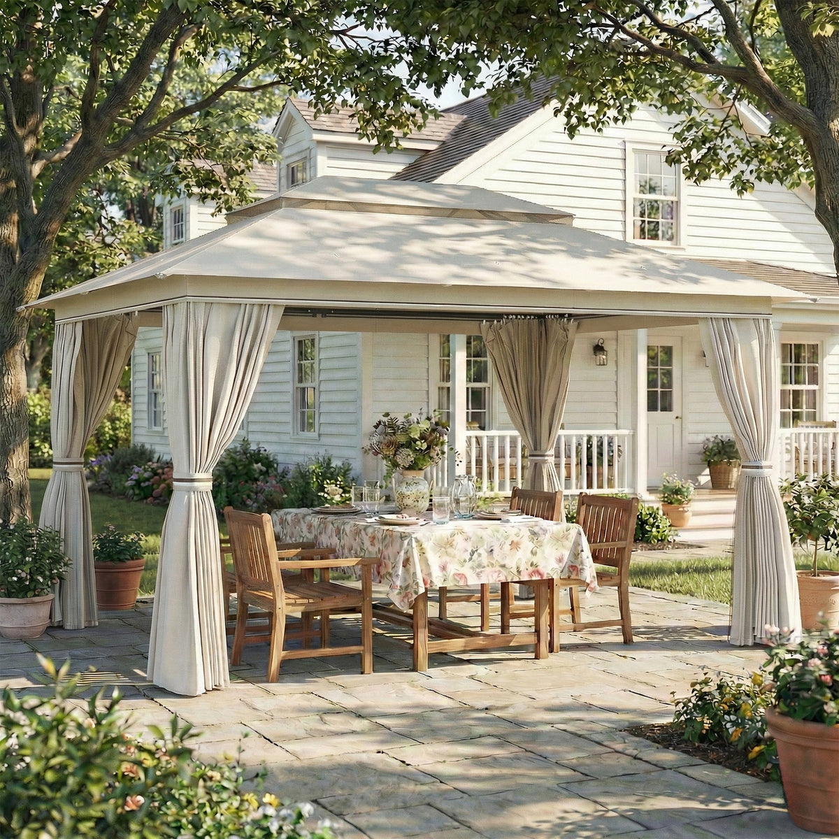 3 x 4 m Garden Gazebo with Double Roof, Netting & Curtains, Beige — product view 3