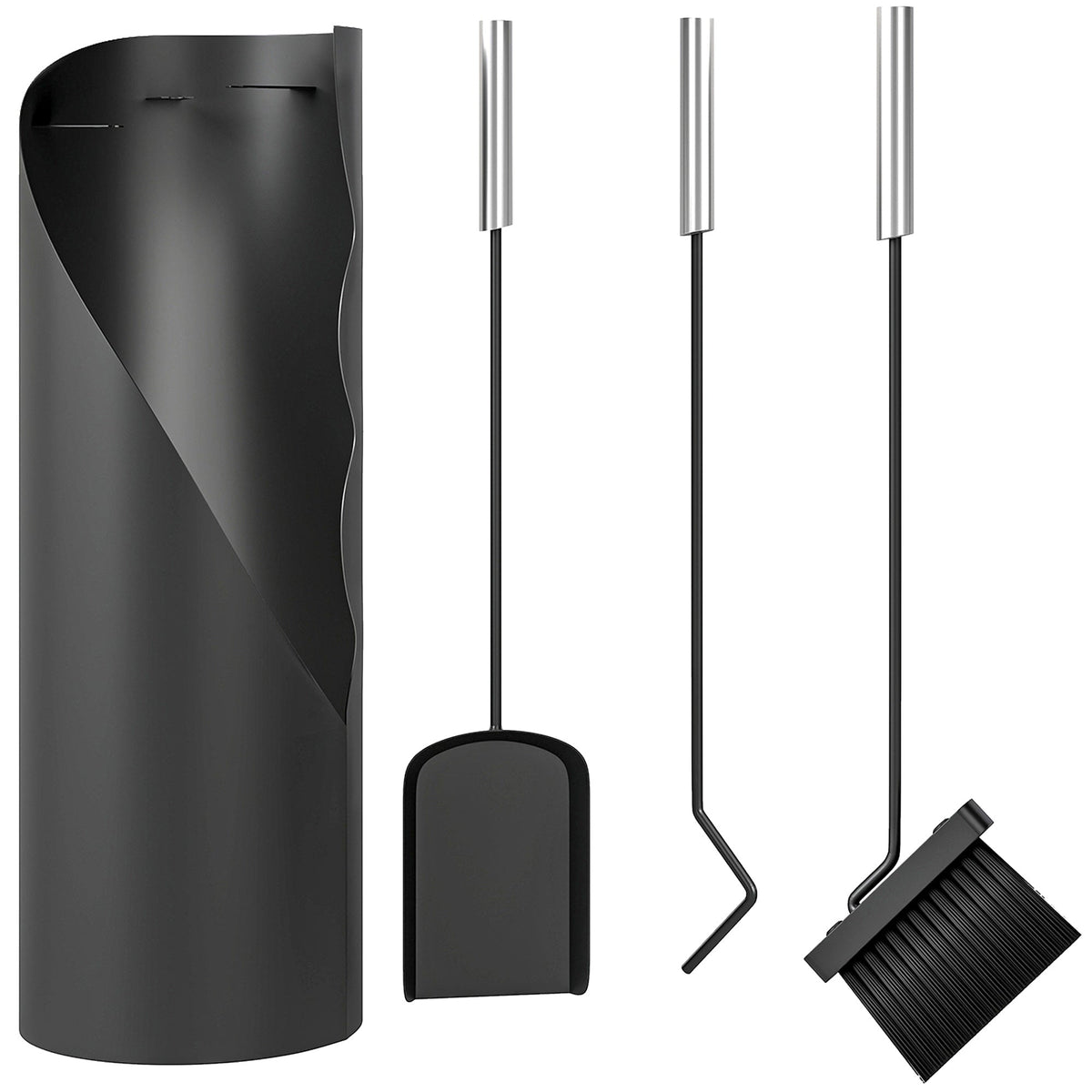 4 Piece Fireplace Companion Set with Bucket, Broom, Shovel & Poker, Silver — product view 1