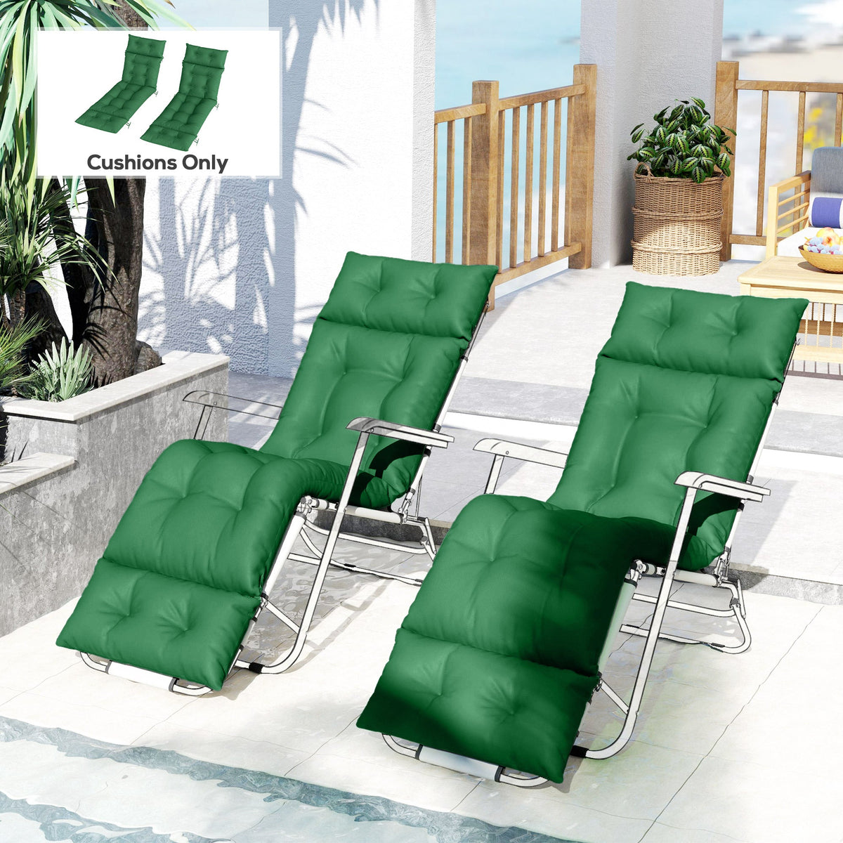 190 x 56 x 10cm Sun Lounger Cushions Set of 2, 220gsm UPF20+ Fabric with 6 Ties, Green — product view 4