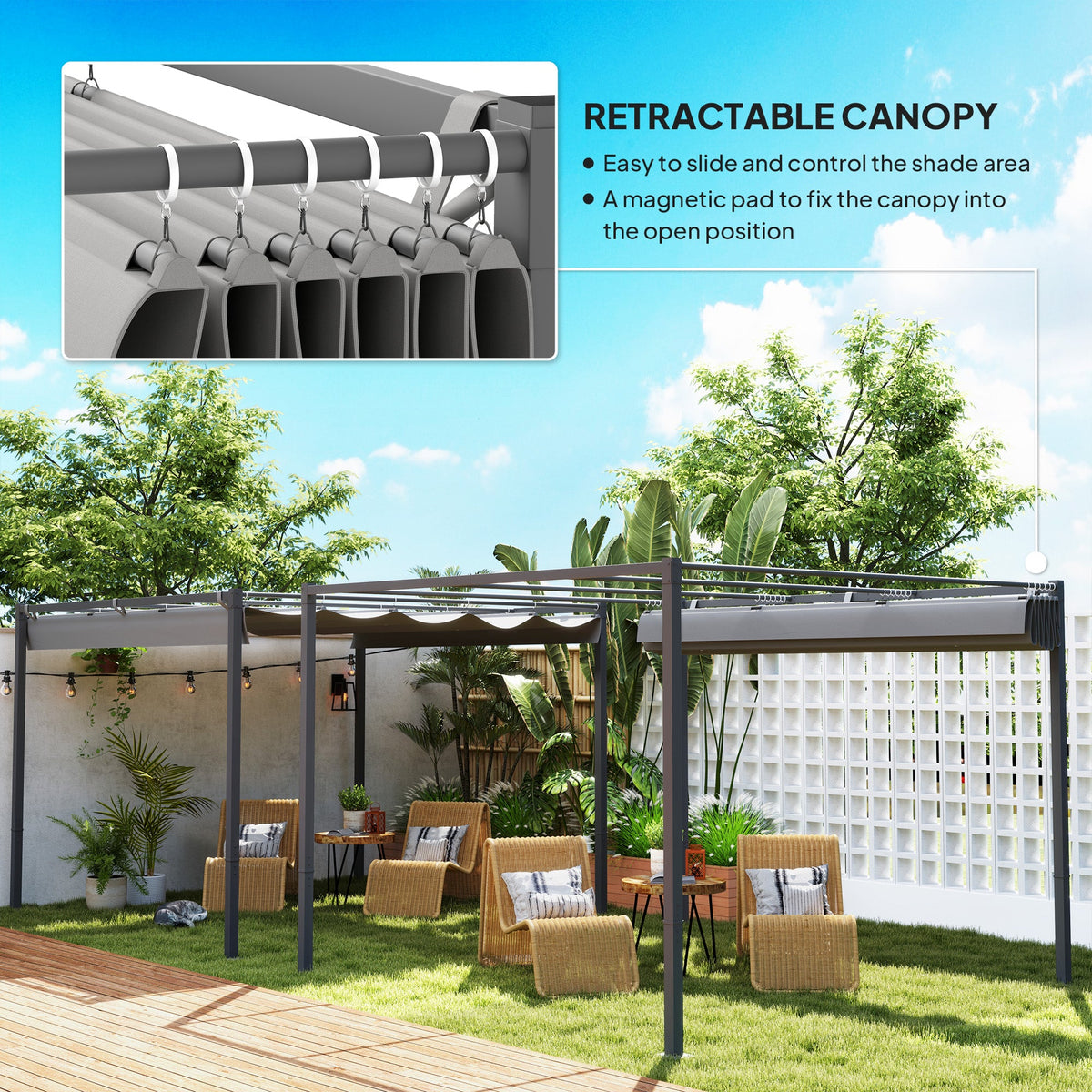 3 x 3m Garden Pergola with Retractable Roof & Magnetic Fixing, Grey — product view 6