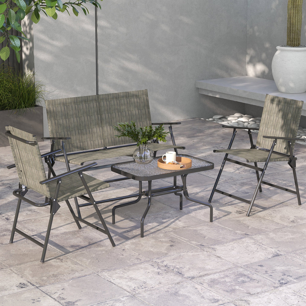 4 Piece Patio Furniture Set with Foldable Chairs & Glass Top Table, Mixed Brown — product view 3
