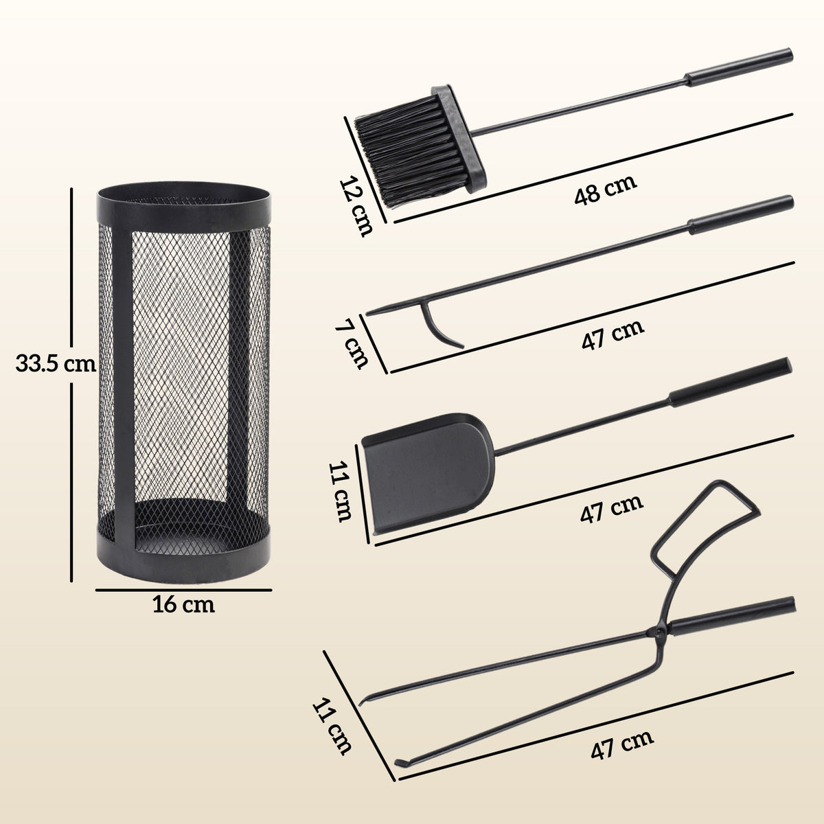 5-Piece Metal Fireplace Tool Set with Brush, Shovel, Poker, Tongs & Mesh Bucket for Indoor or Outdoor Fireplaces — product view 5