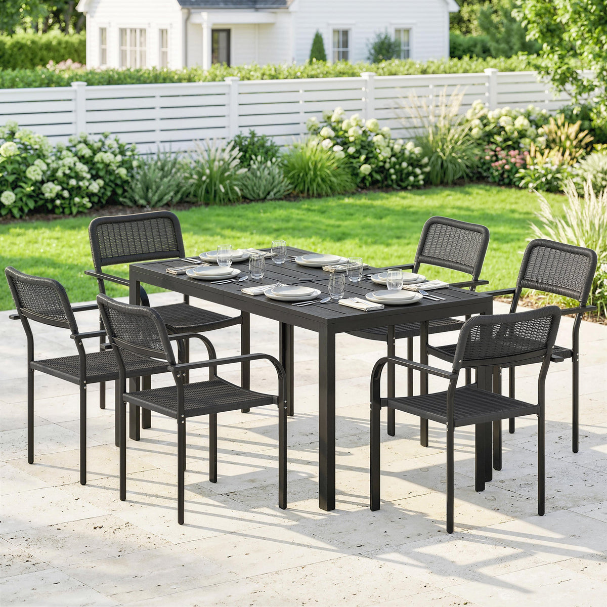 7-Piece Garden Dining Set with 6 Faux Rattan Chairs & Wood-Effect Table, Black — product view 3