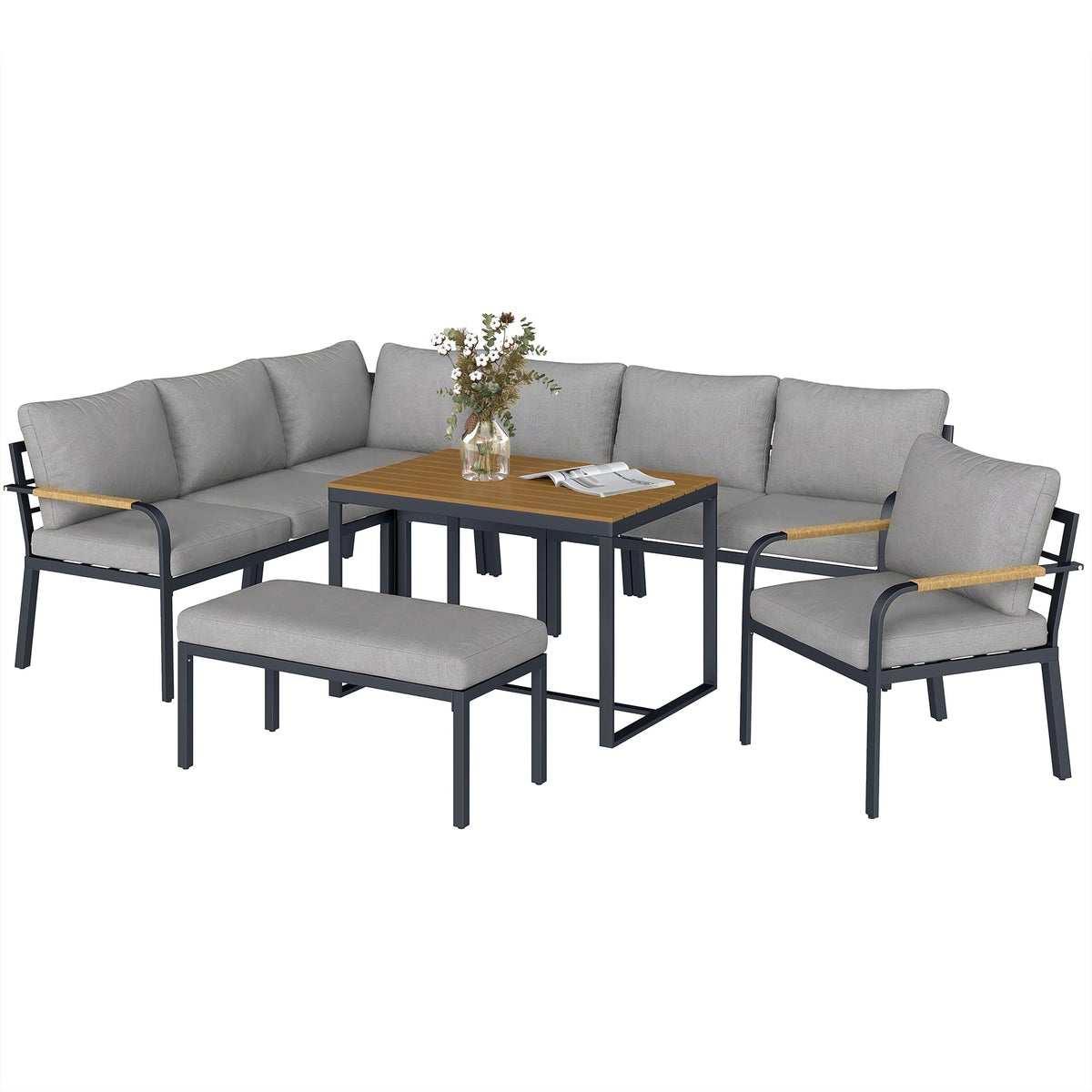 7 Seater Garden Furniture Set with Faux Wood Table, Light Grey — product view 2