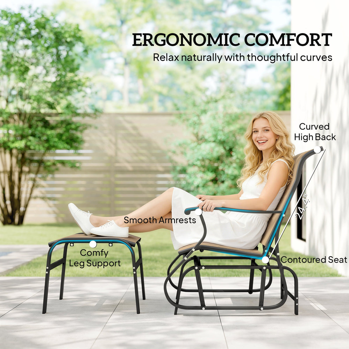 2-Piece Outdoor Glider Chair with Ottoman and All-Weather Breathable Mesh, Tan — product view 7
