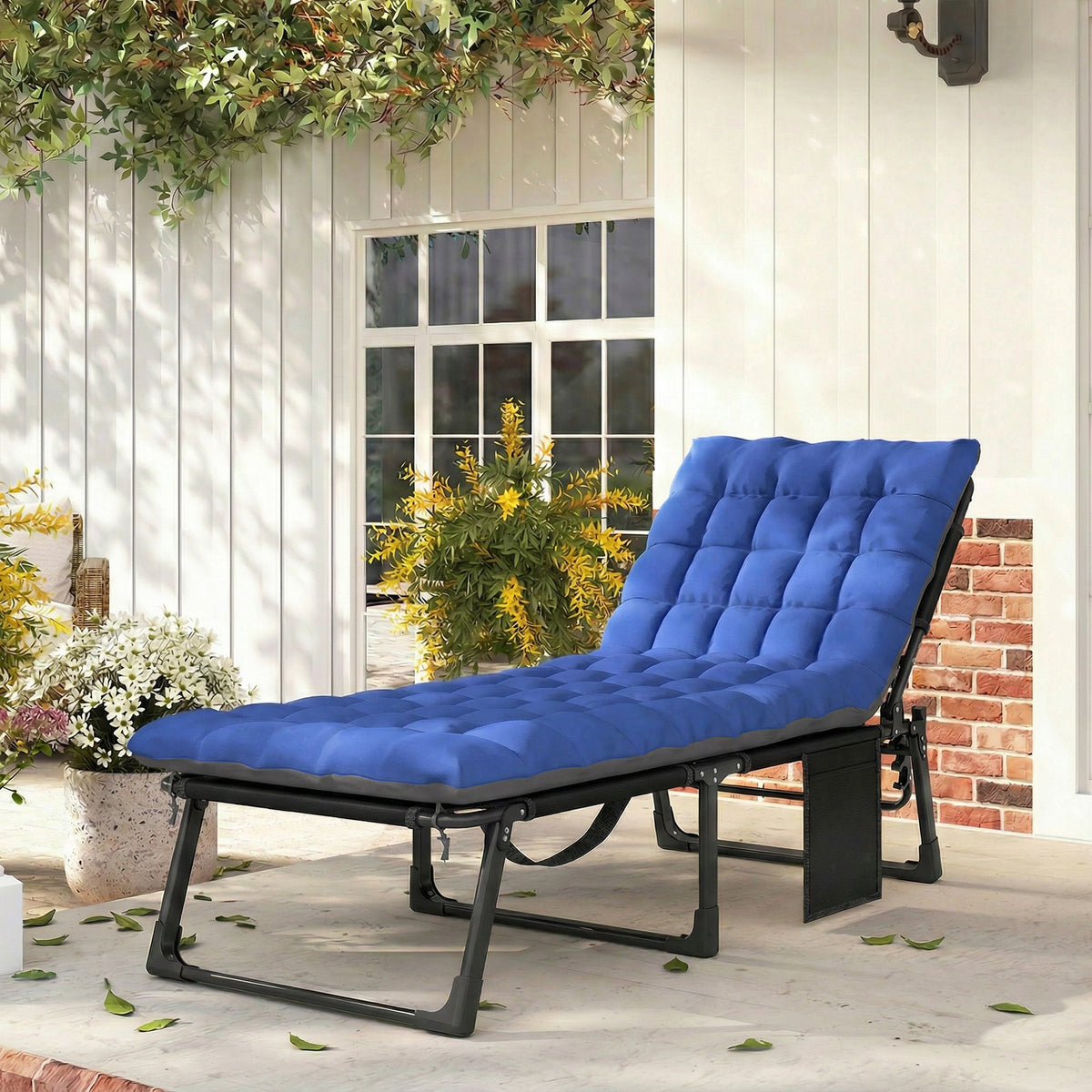 Folding Lounge Chair, 75 cm Wide with Cushion and Side Pocket, Dark Grey/Blue — product view 3