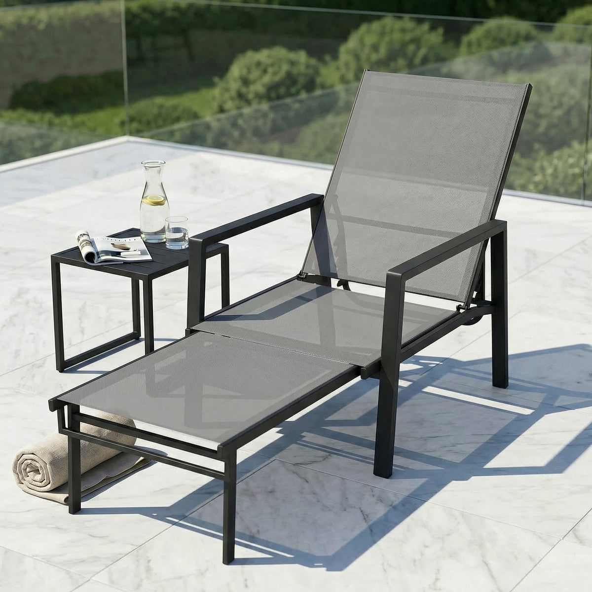 5-Position Sun Lounger with Retractable Footrest, Steel for Patio & Camping, Dark Grey — product view 4