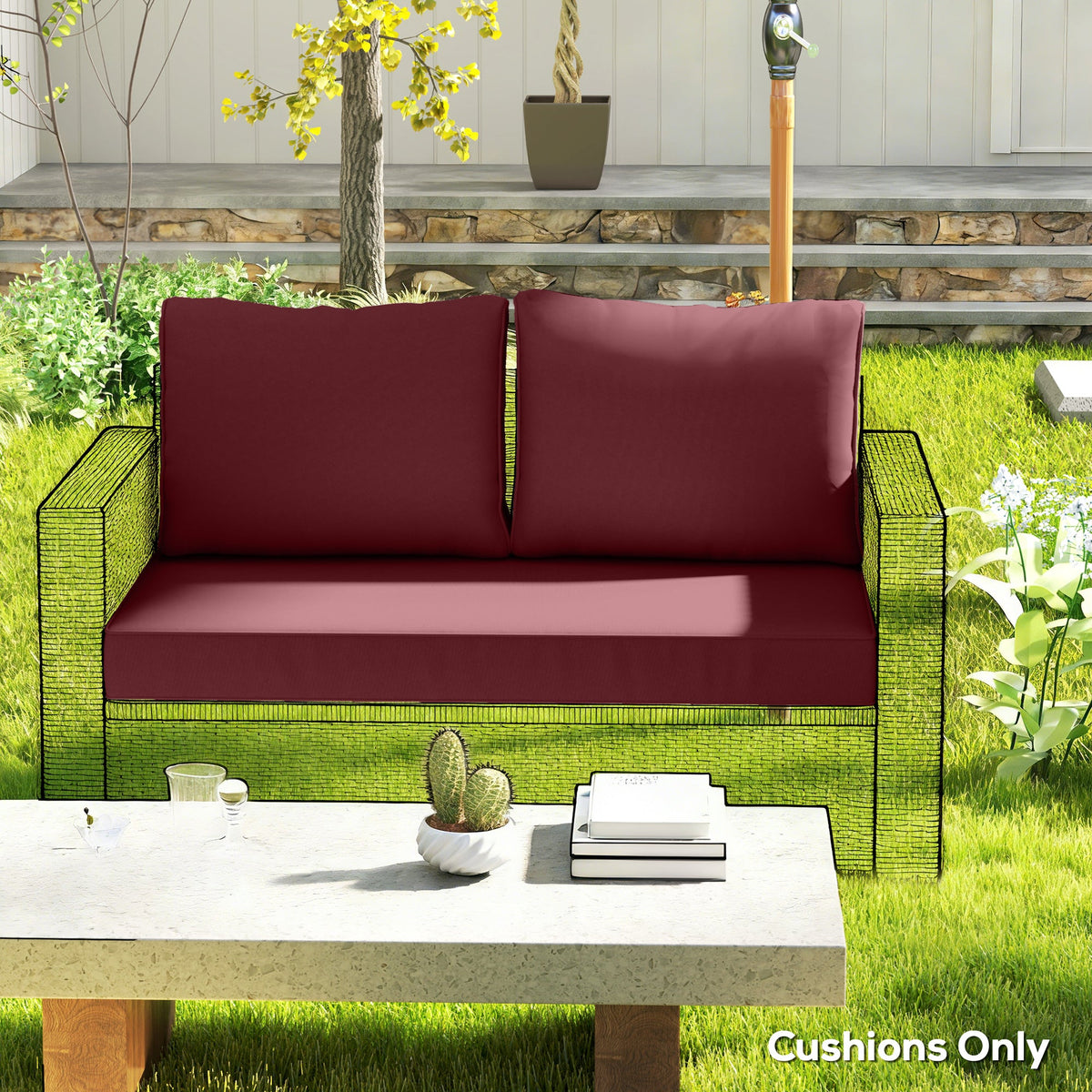 2 Seater Outdoor Seat Cushions with Backrest, Wine Red — product view 4