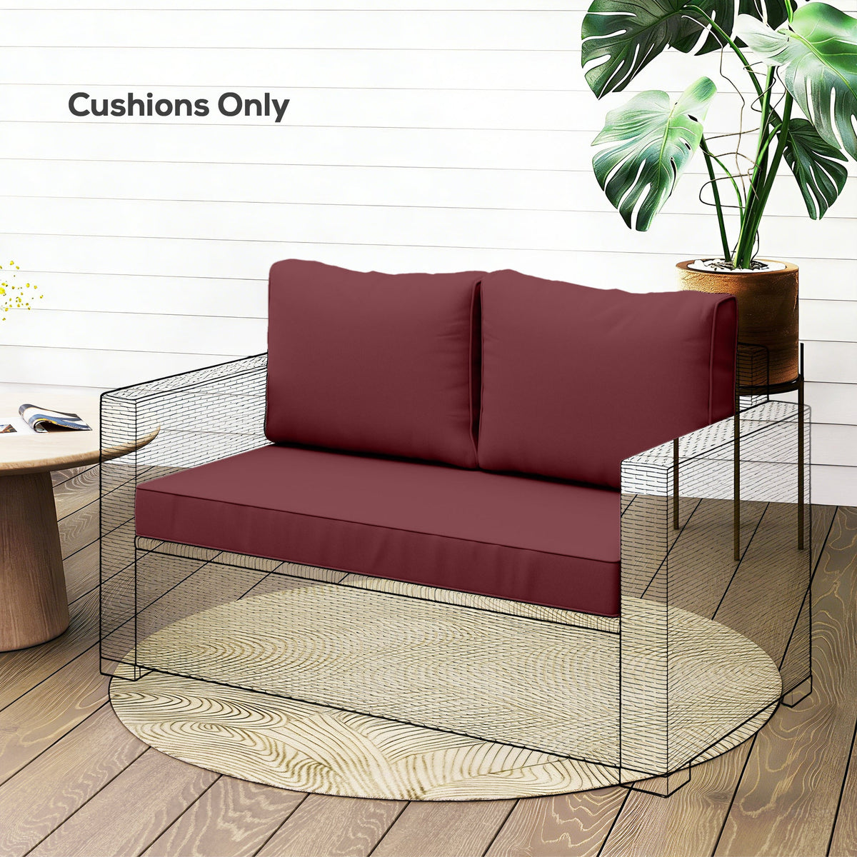 2 Seater Outdoor Seat Cushions with Backrest, Wine Red — product view 3