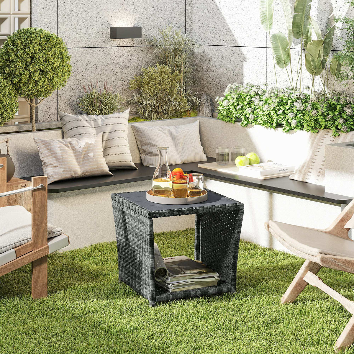 2-Tier PE Rattan Side Table with Storage Shelf, Grey — product view 3
