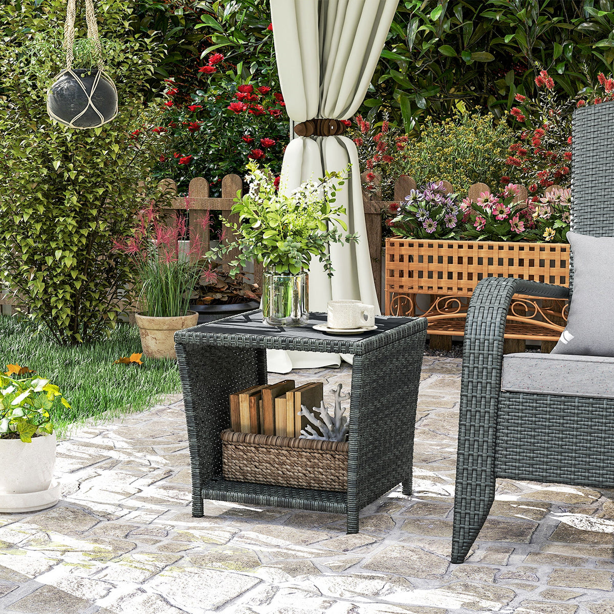 2-Tier PE Rattan Side Table with Storage Shelf, Grey — product view 4
