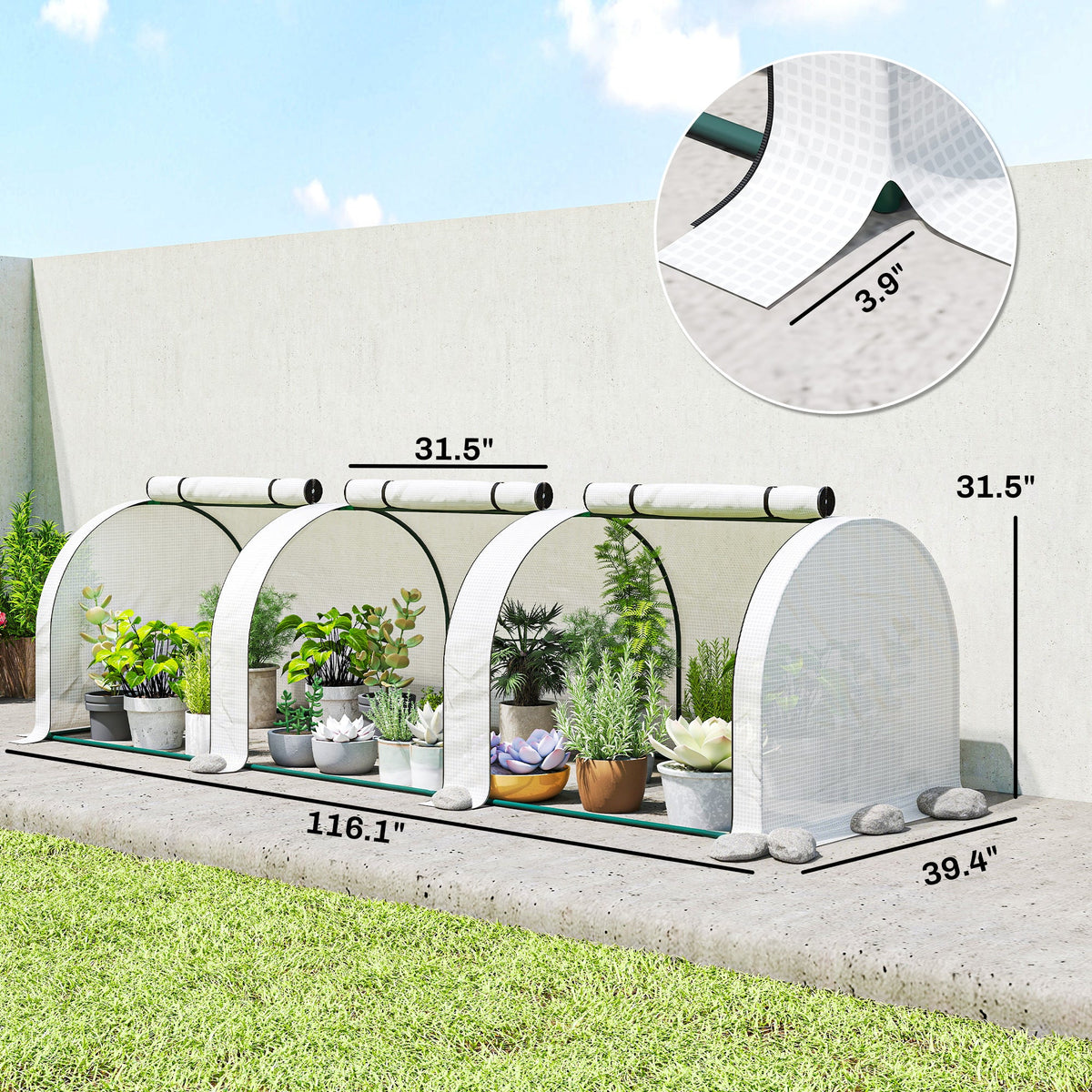 Mini Tunnel Greenhouse with Roll-Up Zippered Doors, 10' L x 3' W x 2.5' H White — product view 5