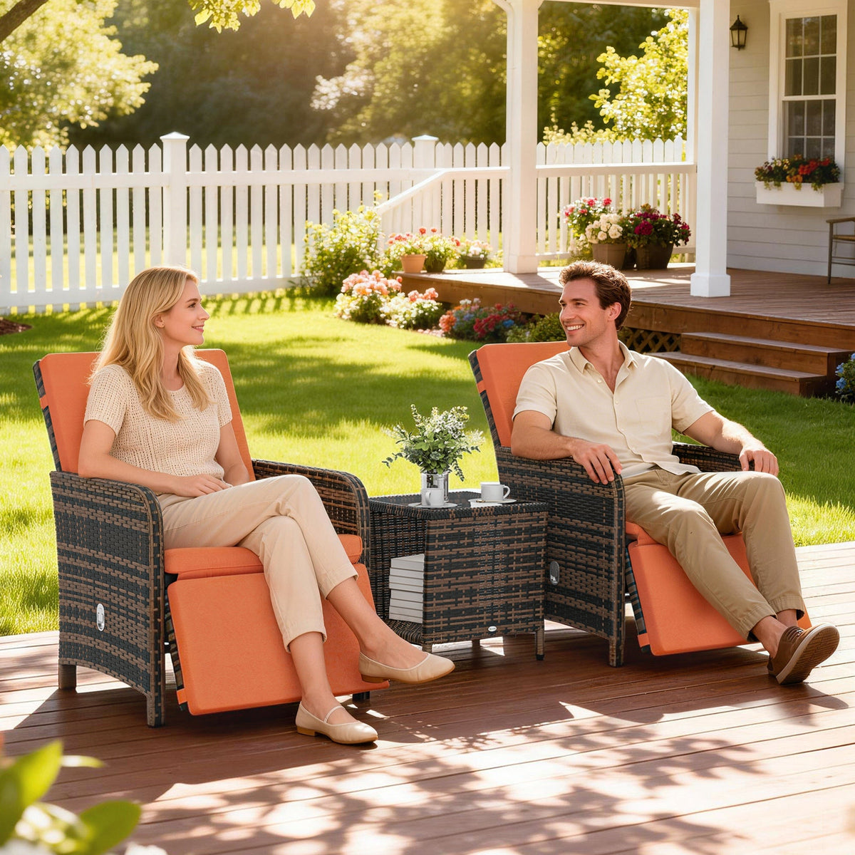 3 Piece Rattan Bistro Set with Reclining Chairs & Storage Table, Orange — product view 3