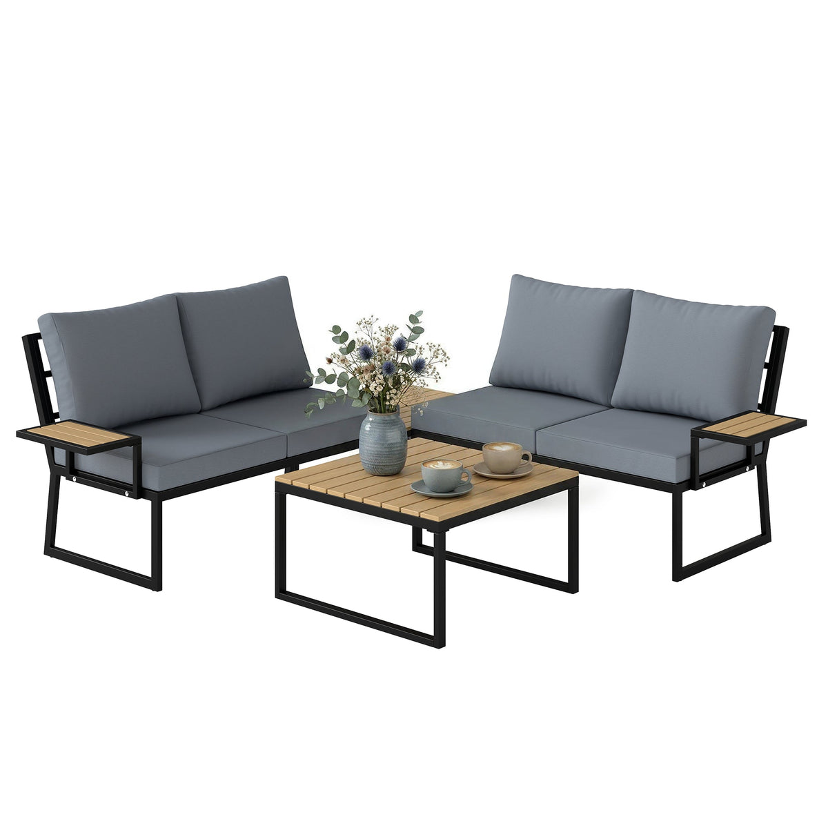 4 Seater Rattan Corner Sofa Set with 2 Nesting Tables, Teak — product view 2