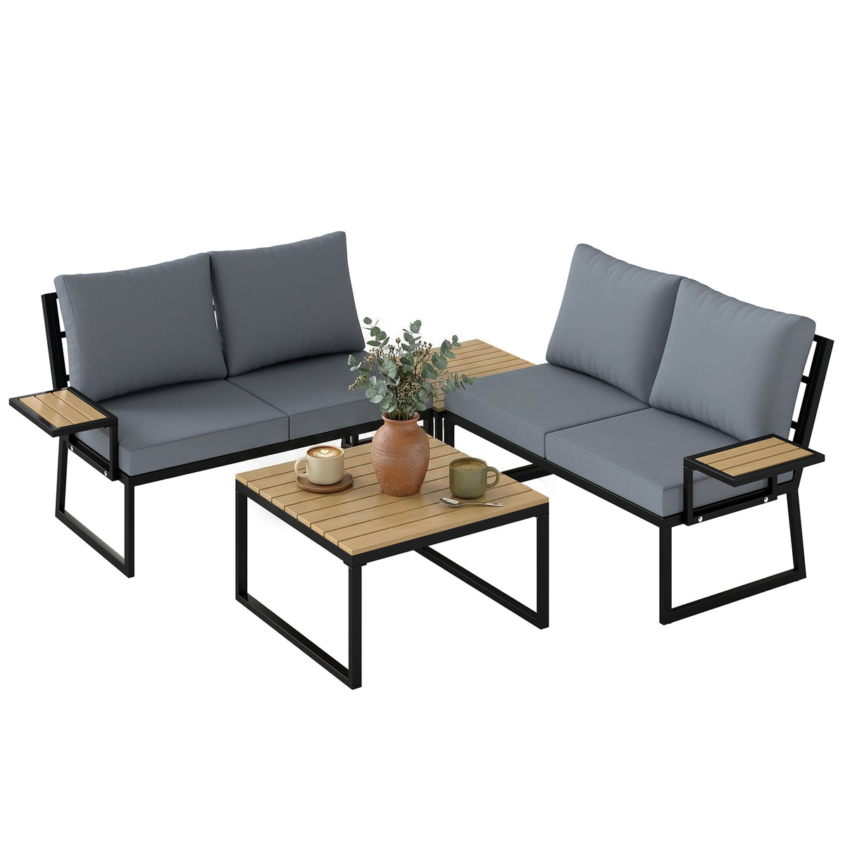 4 Seater Rattan Corner Sofa Set with 2 Nesting Tables, Teak — product view 1