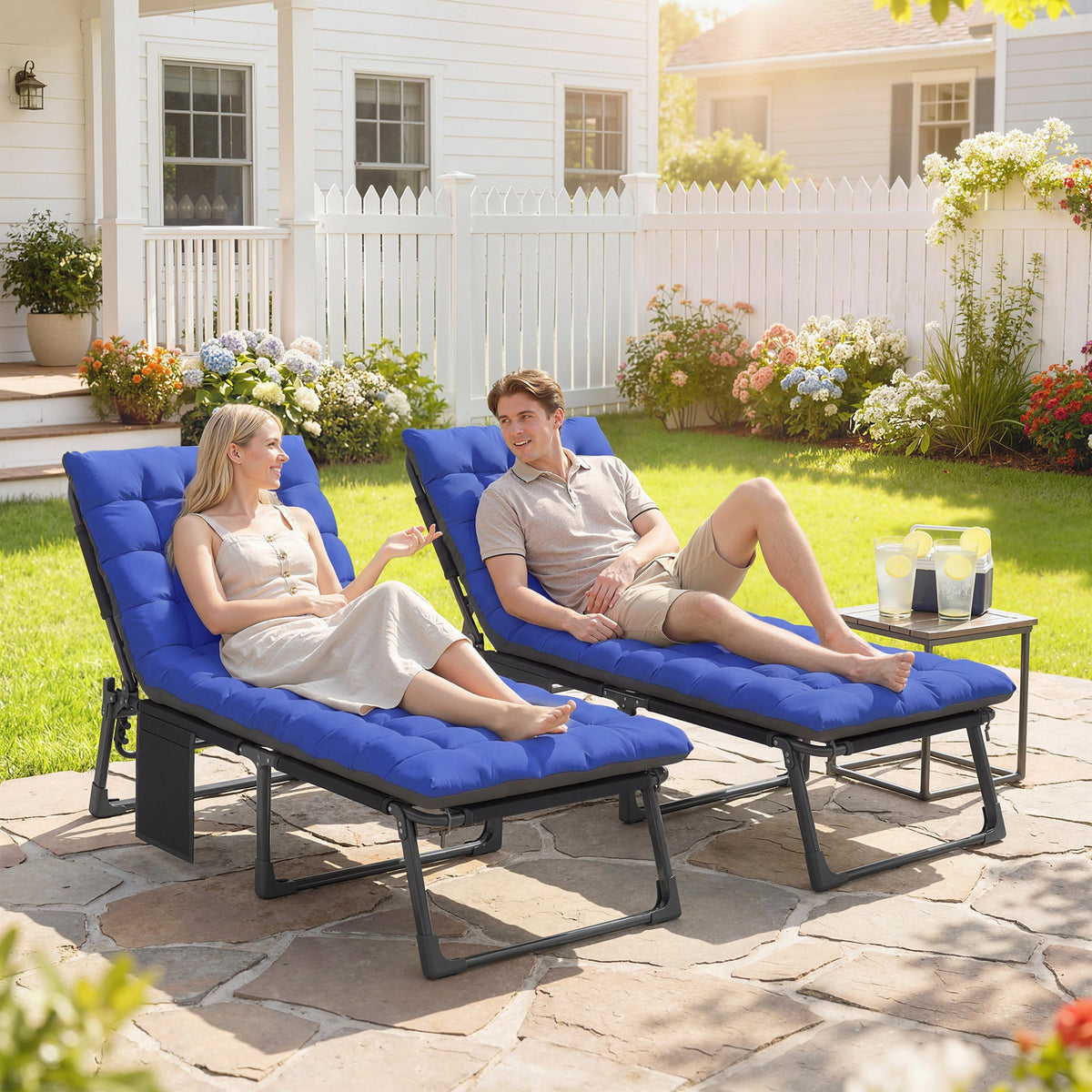 2 Piece Reclining Outdoor Chaise Lounge Chairs with Cushions, Dark Gray/Blue — product view 3