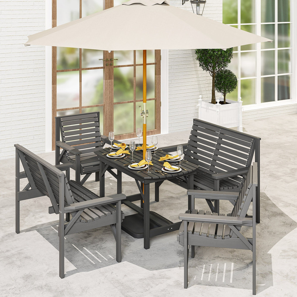 5 Piece Wooden Garden Dining Set for 6 with Umbrella Hole Table, Grey — product view 3