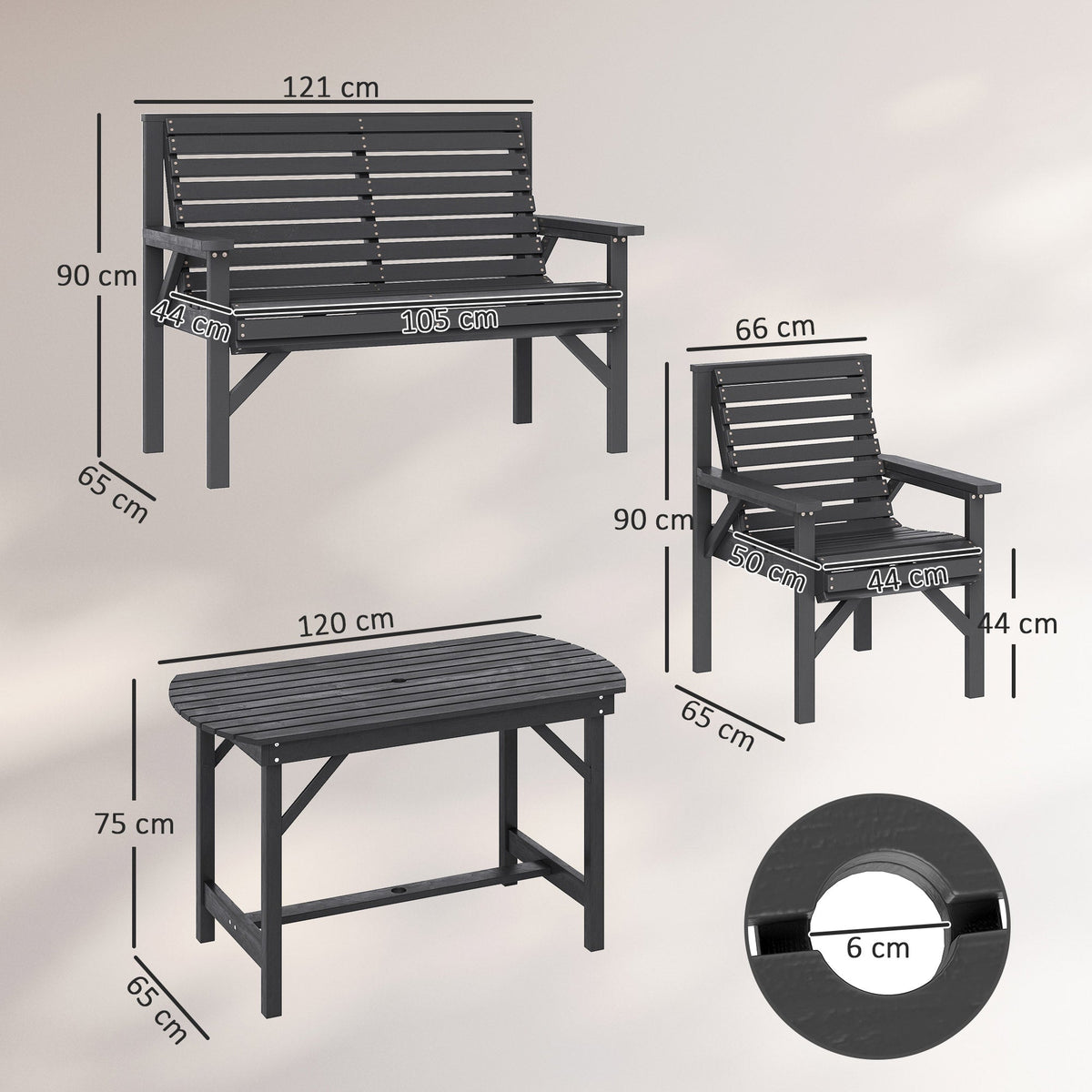 5 Piece Wooden Garden Dining Set for 6 with Umbrella Hole Table, Grey — product view 5