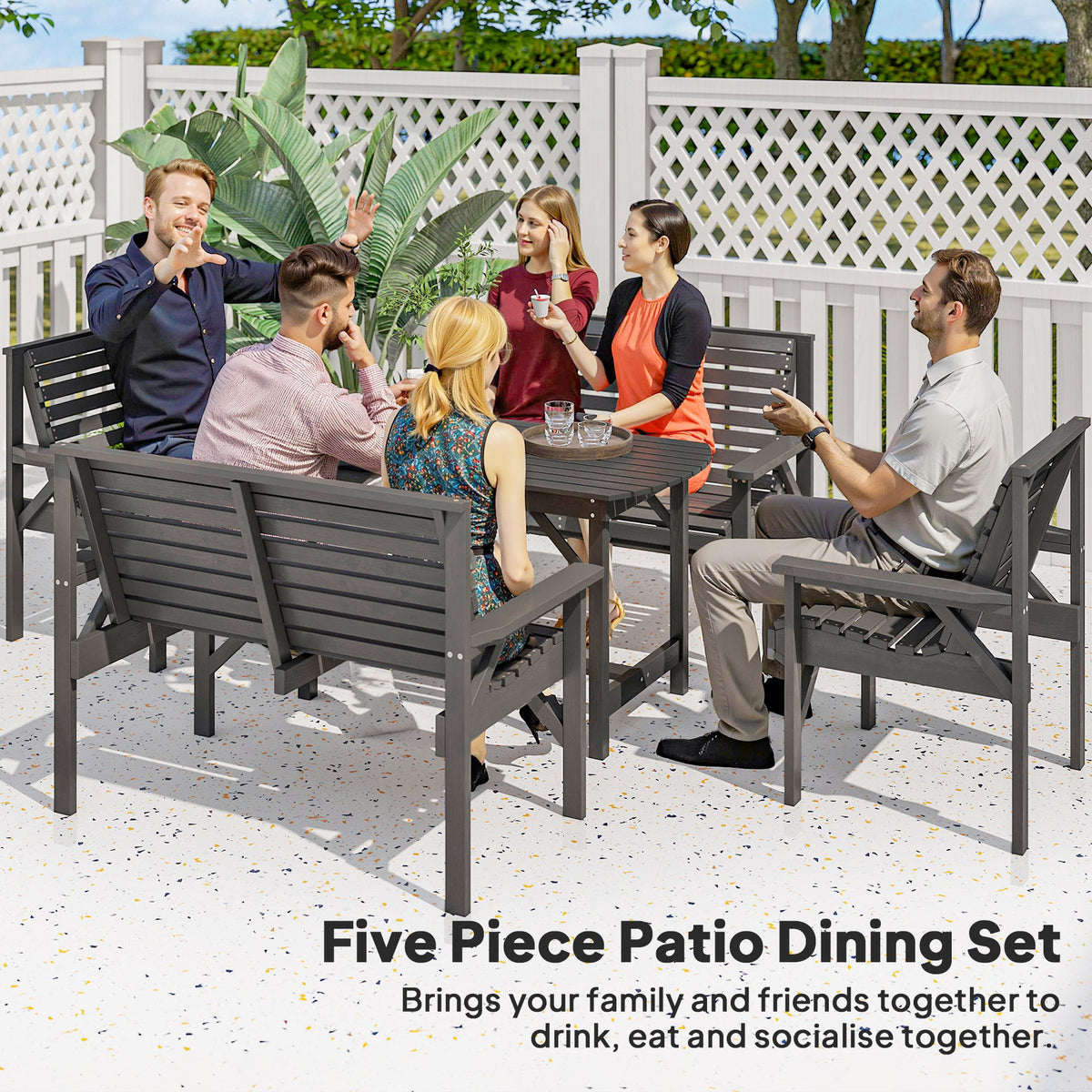 5 Piece Wooden Garden Dining Set for 6 with Umbrella Hole Table, Grey — product view 6
