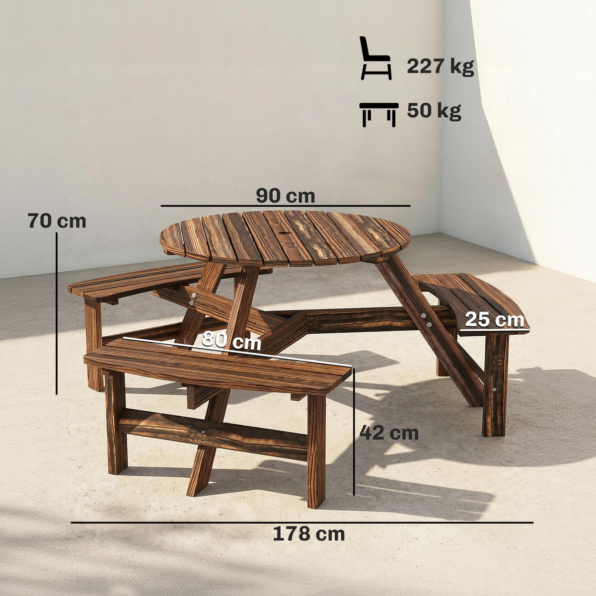 6 Seater Wooden Garden Picnic Table Set with Matching Bench, Carbonized — product view 5