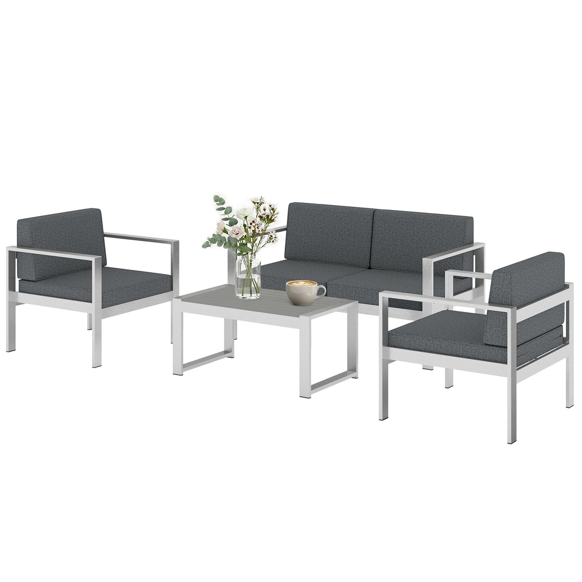 4-Seater Aluminium Sofa Set with Faux Wood Table and Olefin Cushions, Dark Grey — product view 2