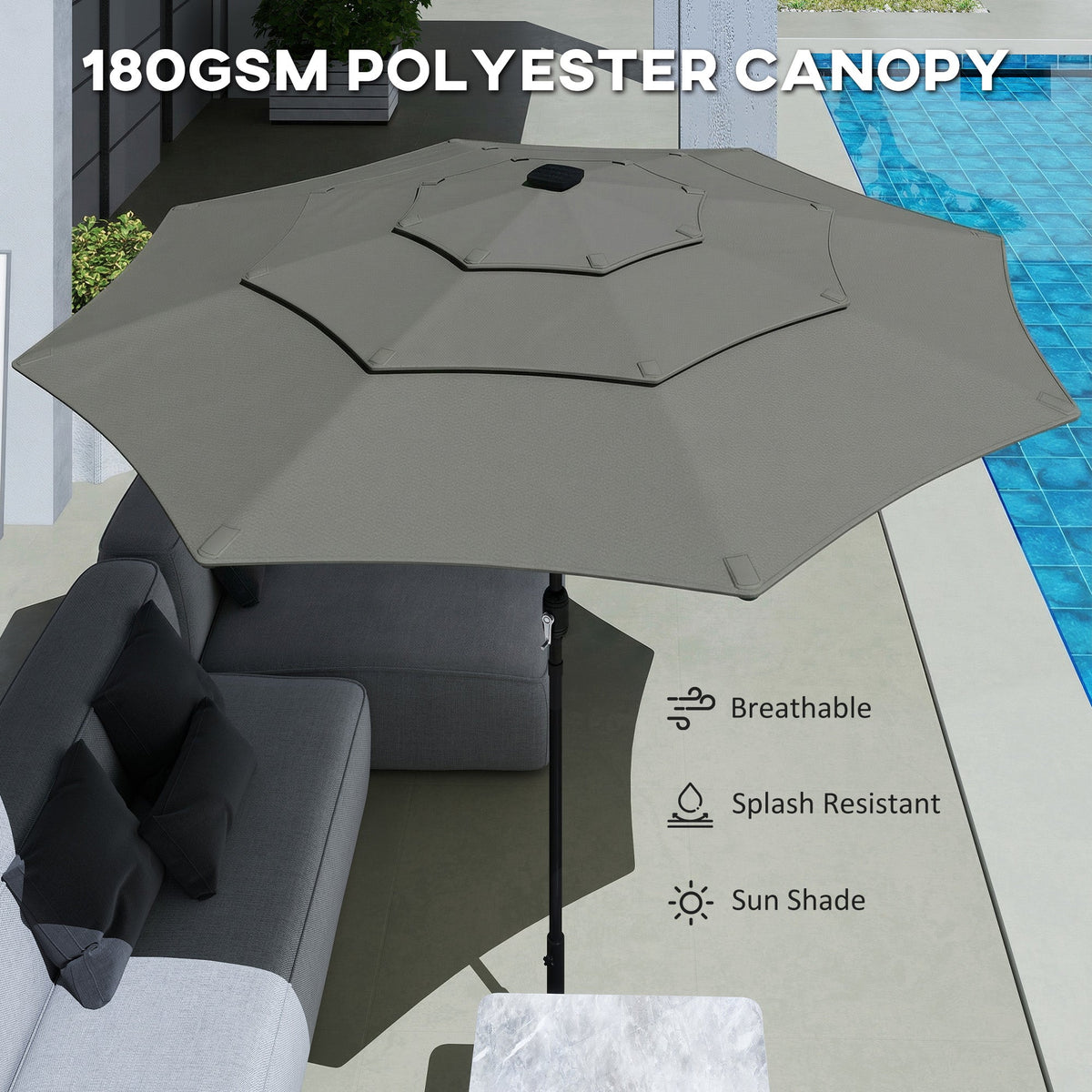 3 m Garden Parasol with 3-Tier Roof, Crank Handle & Tilt, Grey — product view 7