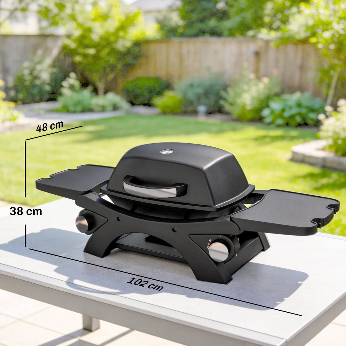 2 Burner Gas Grill with 2 Side Tables and Cast Iron Grates, Black — product view 5