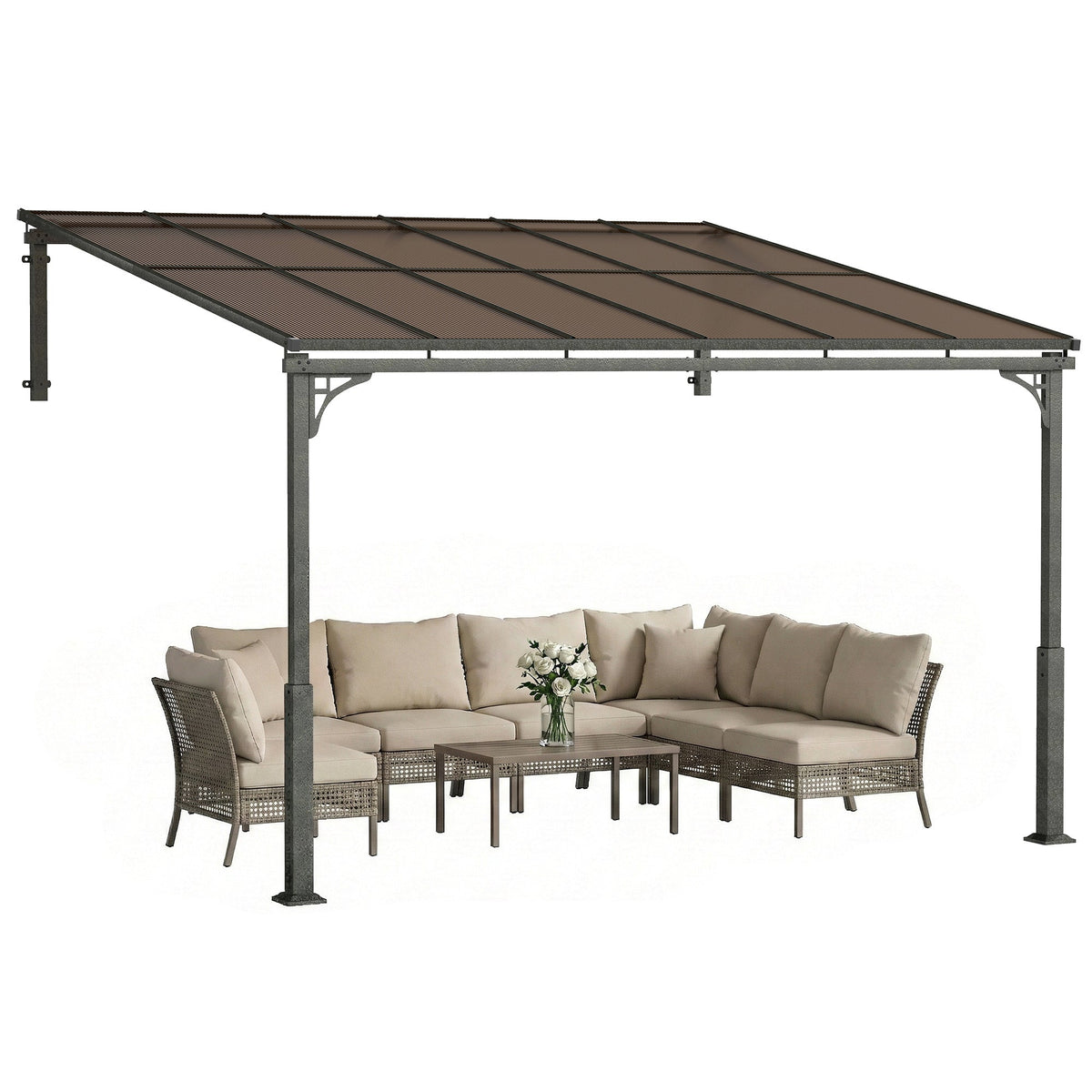 11' x 10' Wall Mounted Lean-to Pergola with Polycarbonate Roof, Brown — product view 1