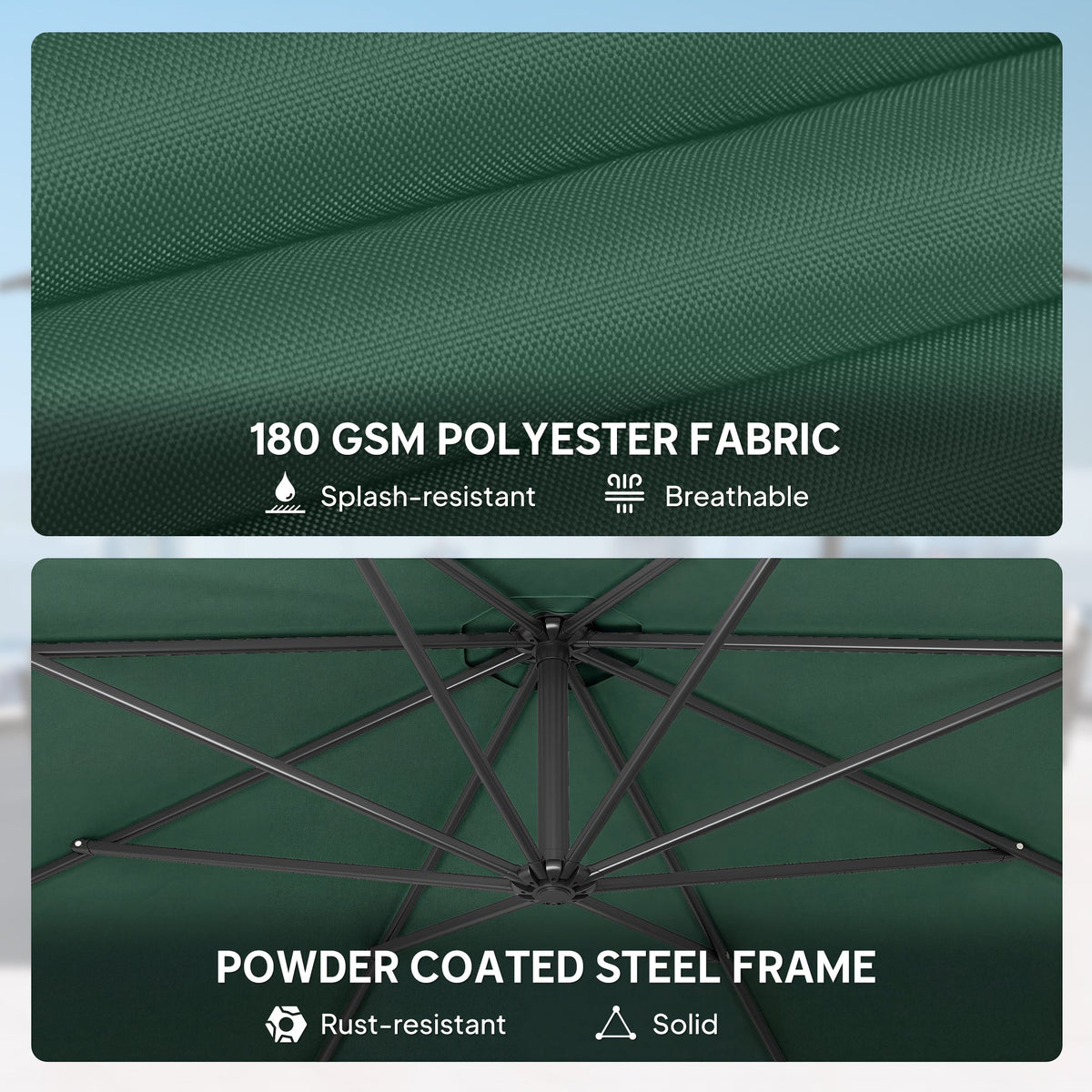 3 m Banana Parasol with Crank Handle, 8 Ribs & Cross Base, Dark Green — product view 7