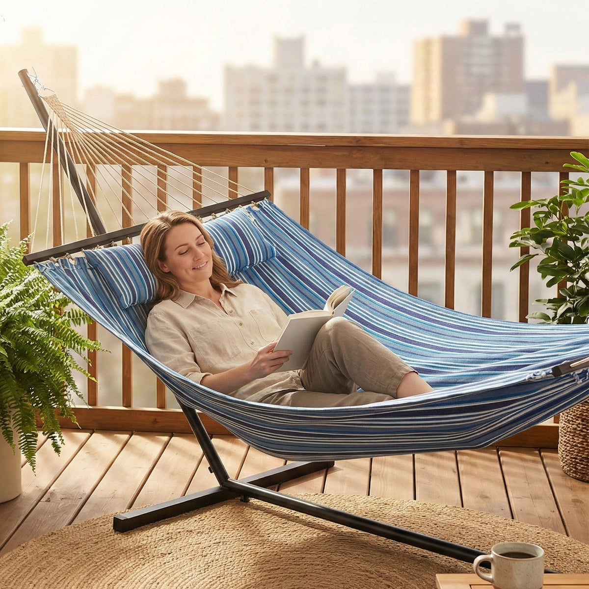 Outdoor Hammock with Stand, Detachable Pillow and Spreader Bars, Blue — product view 4