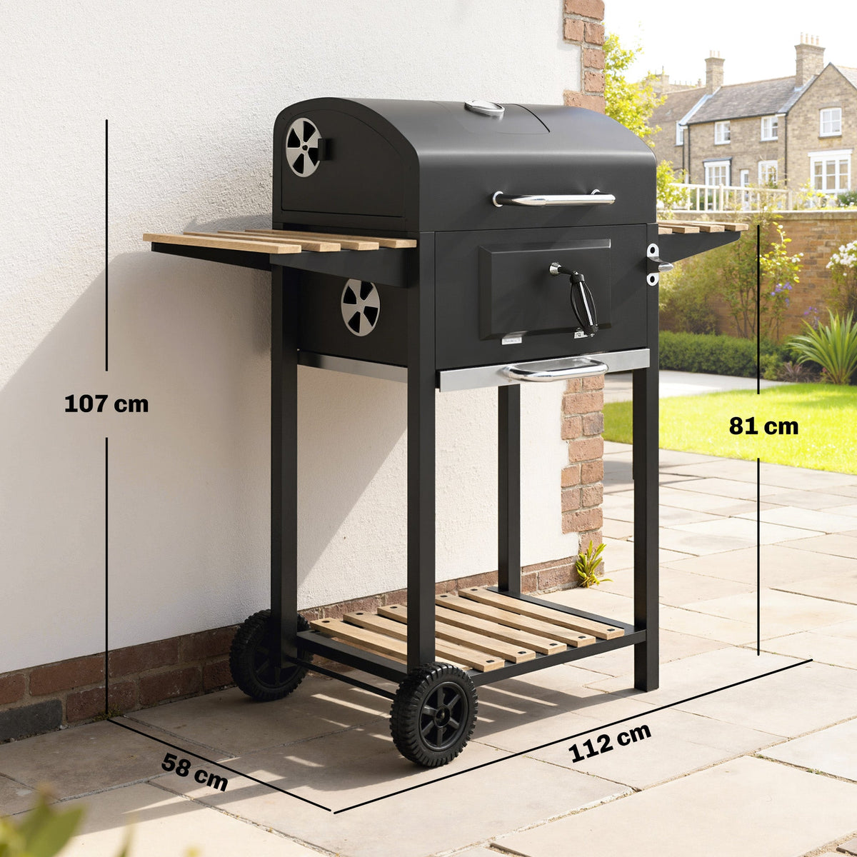 Charcoal BBQ Grill with Adjustable Charcoal Pan, 3 Shelves & Wheels — product view 5