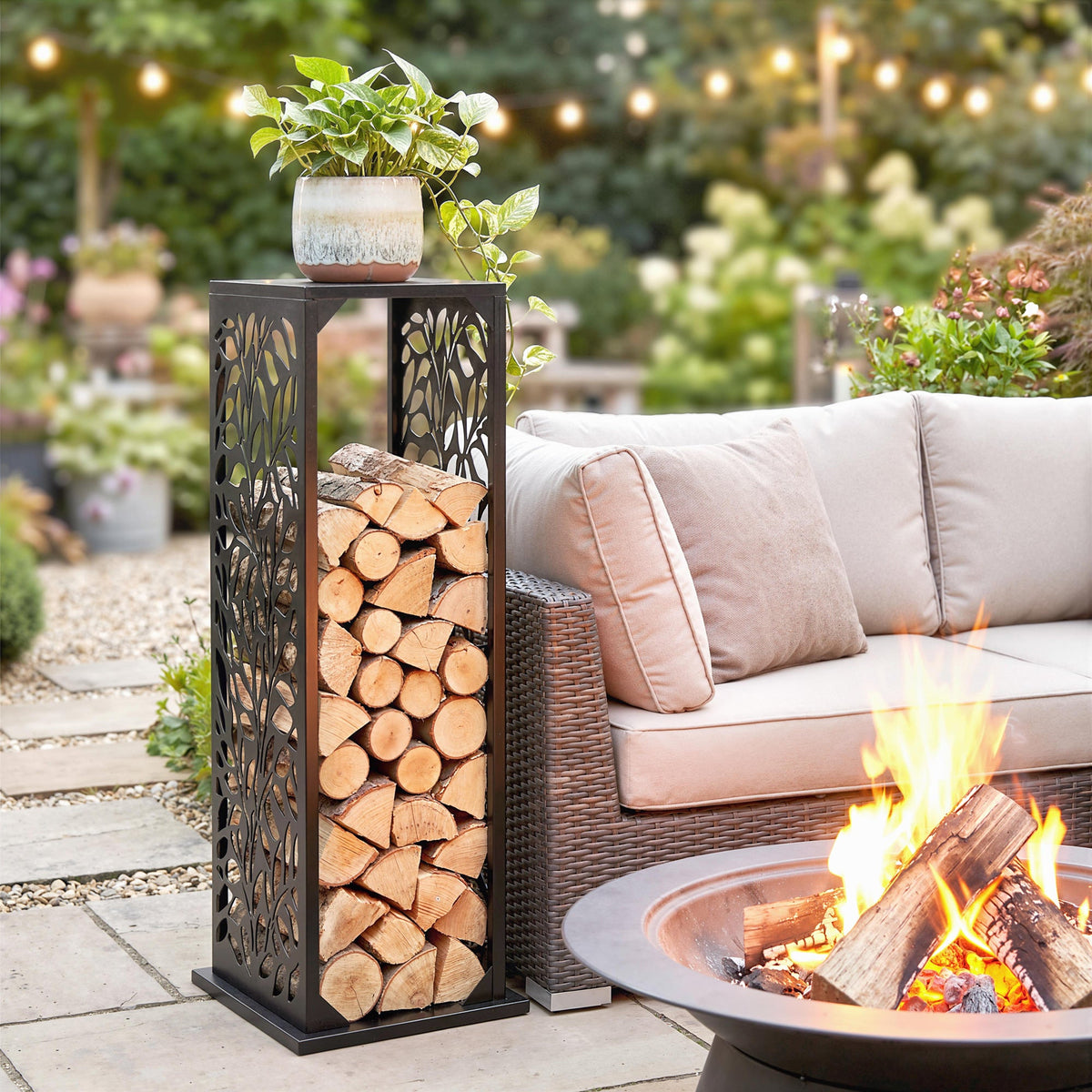 15 Inch Firewood Rack with Heavy-Duty Galvanized Steel Log Holder Featuring 4 Hooks & Adjustable Pads, Black — product view 3