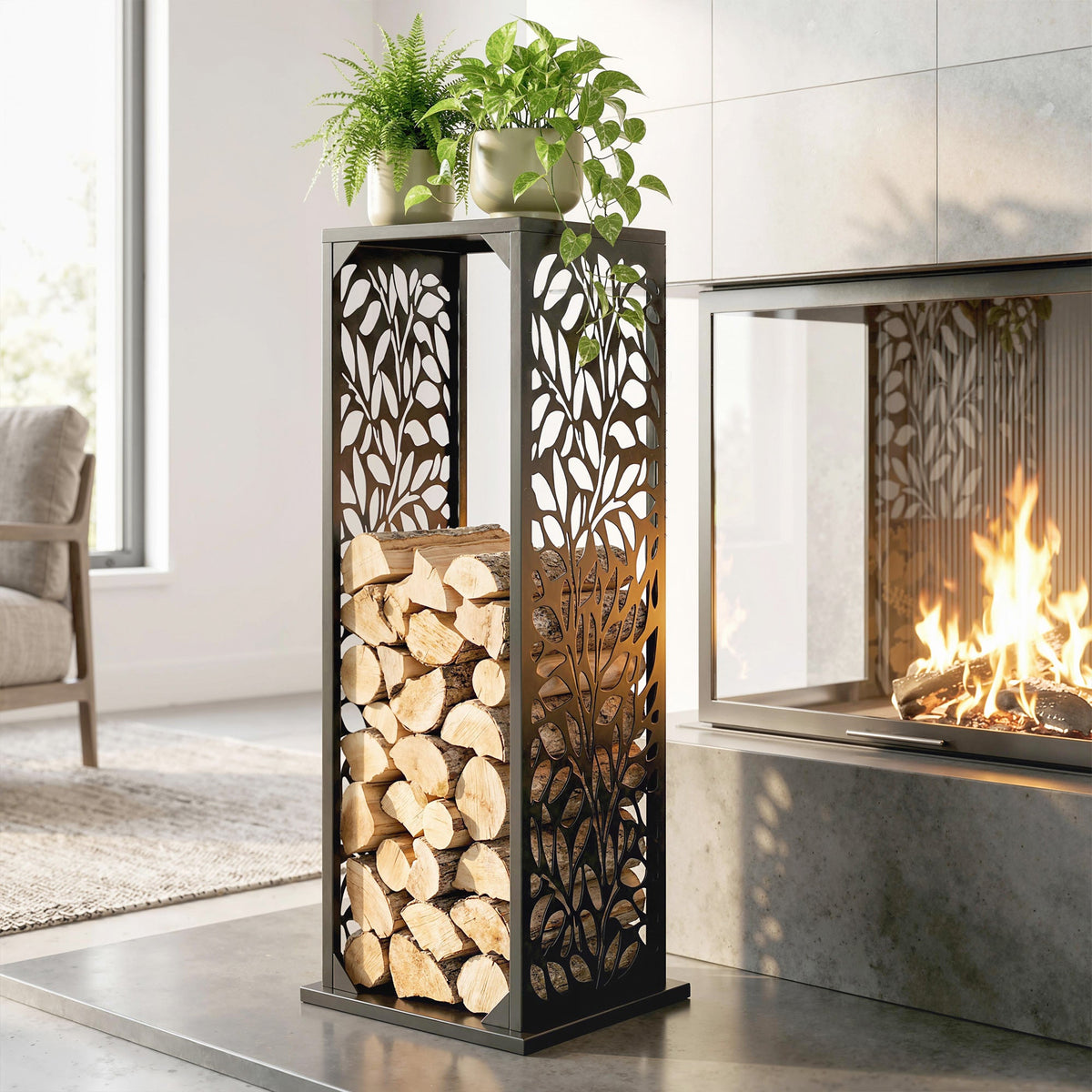 15 Inch Firewood Rack with Heavy-Duty Galvanized Steel Log Holder Featuring 4 Hooks & Adjustable Pads, Black — product view 4